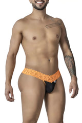 Orange lace-trimmed black thong with a small white candyMan brand tag on the side from CandyMan 99370 lace thongs