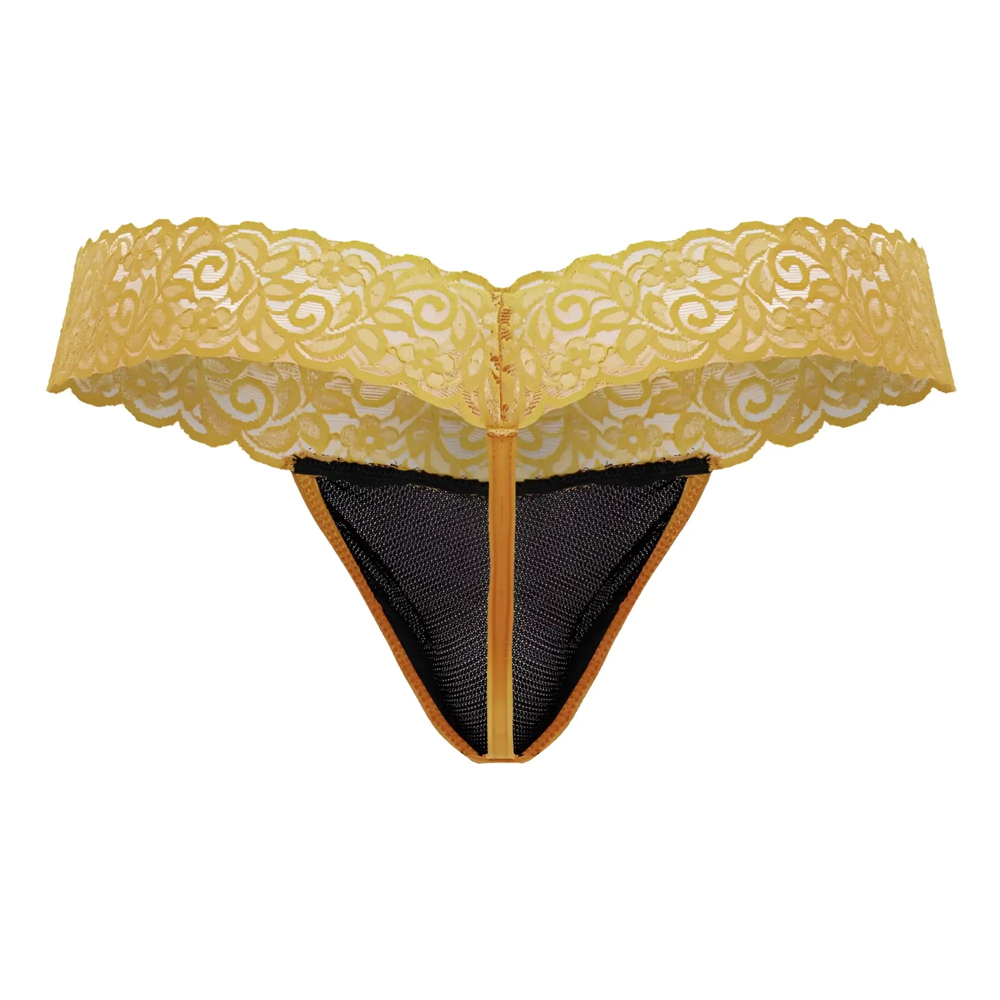 Yellow lace thong with black mesh lining and gold toned trim from candyman 99370 lace thongs color orange collection