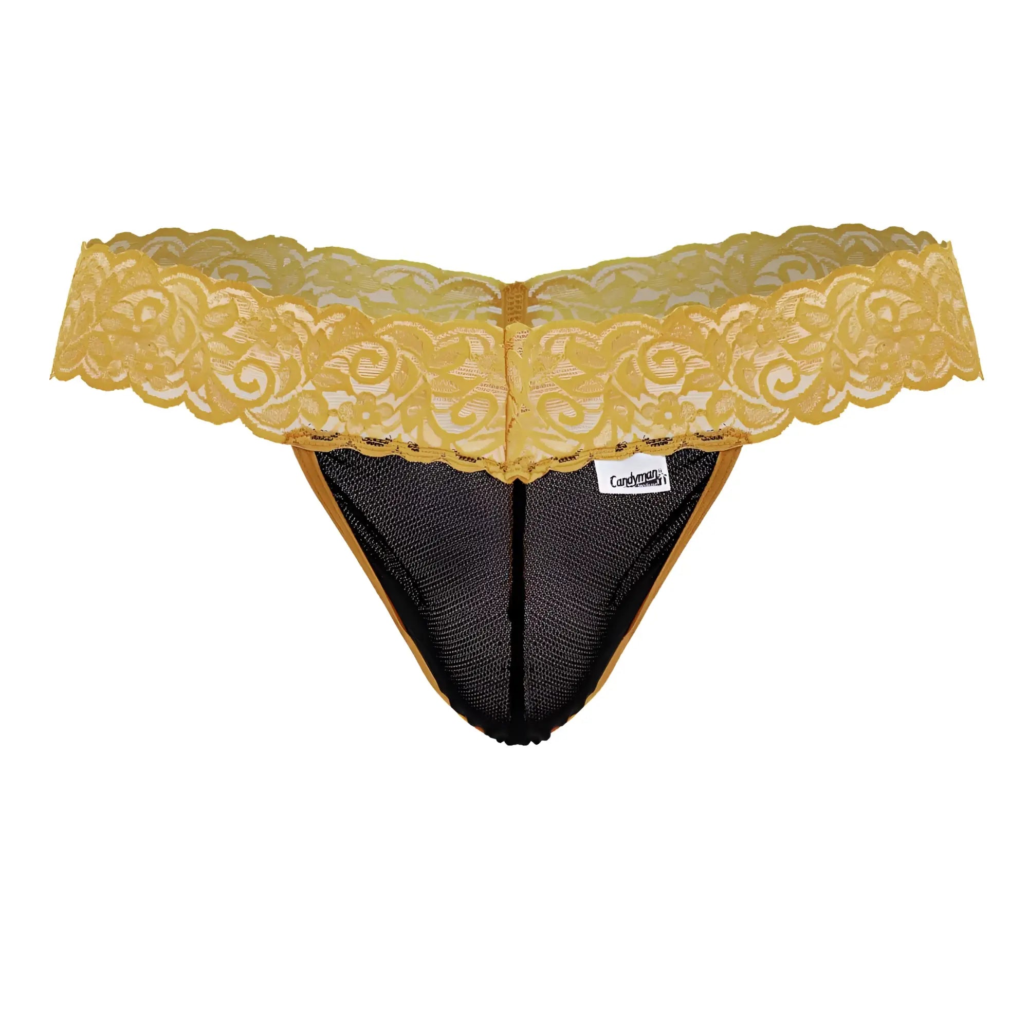 CandyMan 99370 lace thong in orange with yellow lace trim black mesh and scalloped edge showing brand tag