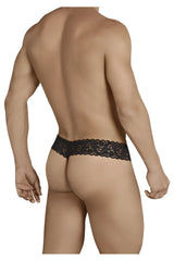 Black lace thong candyMan 99370 with intricate floral patterns in black lace material shown from the back side