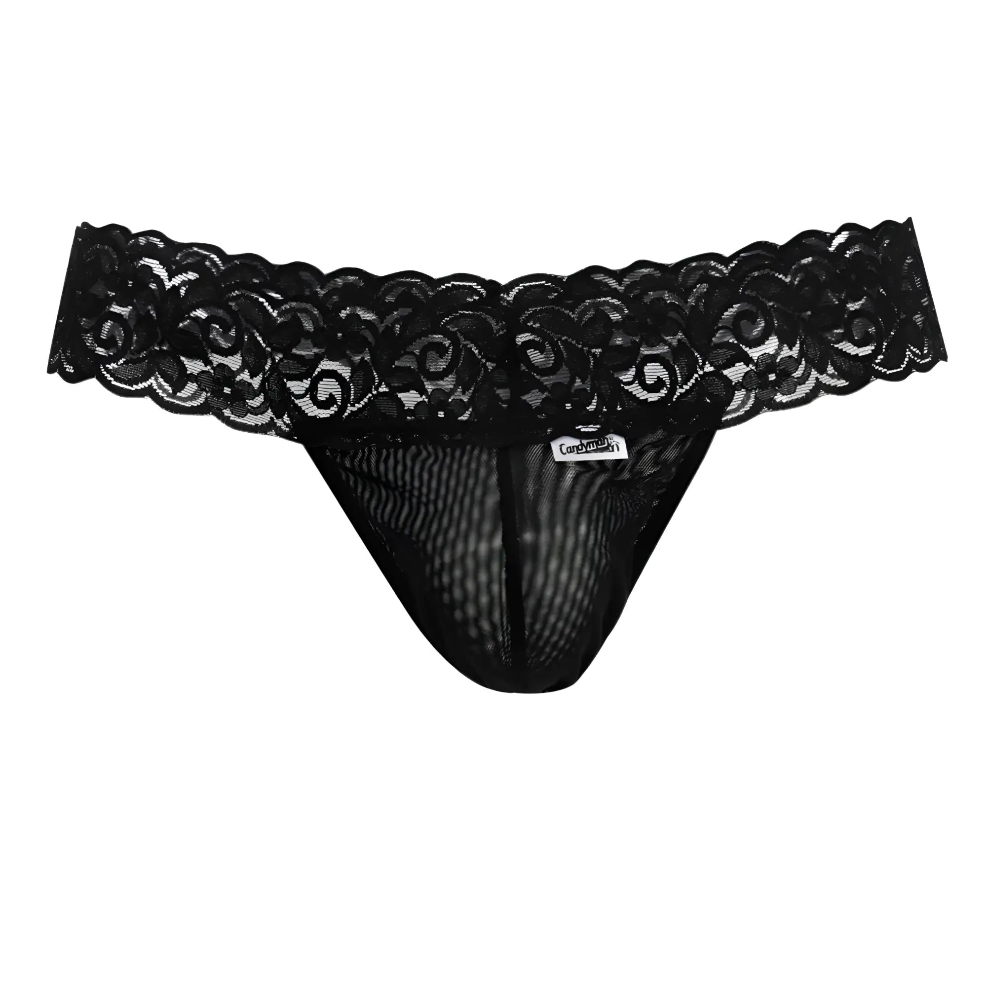 Black lace thong CandyMan 99370 in black with intricate floral patterns and mesh interior for elegant comfort