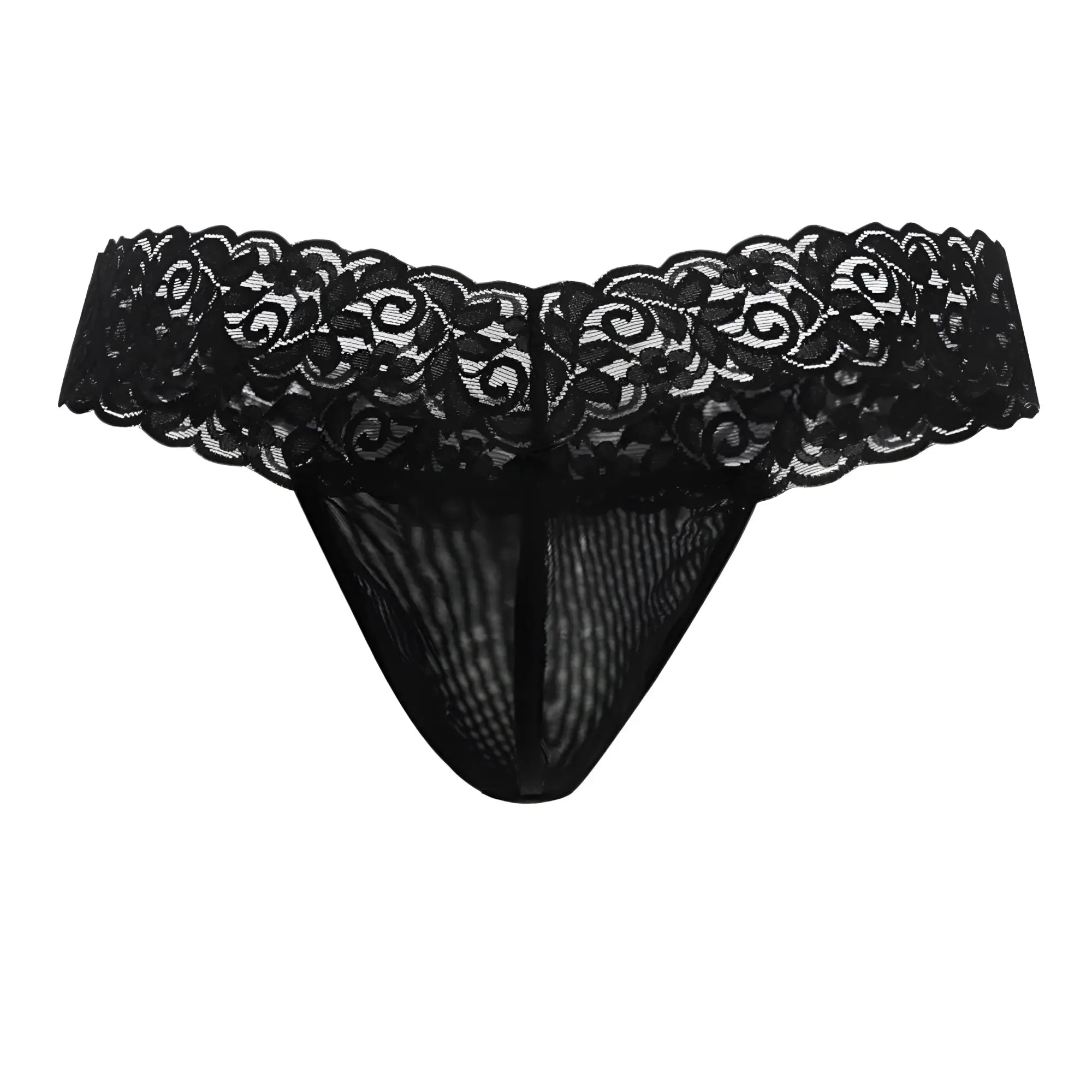 Black lace thong CandyMan 99370 in black features intricate floral patterns and a sheer mesh body