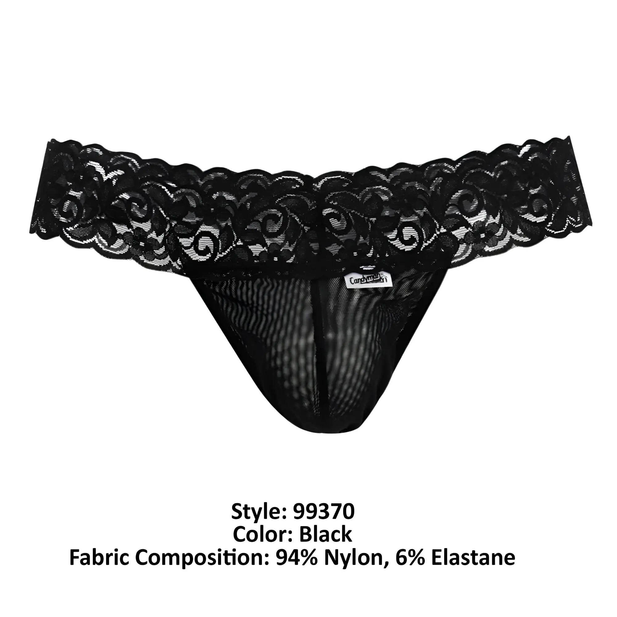 CandyMan 99370 black lace thong with scalloped edge and mesh body made of 94 nylon and 6 elastane