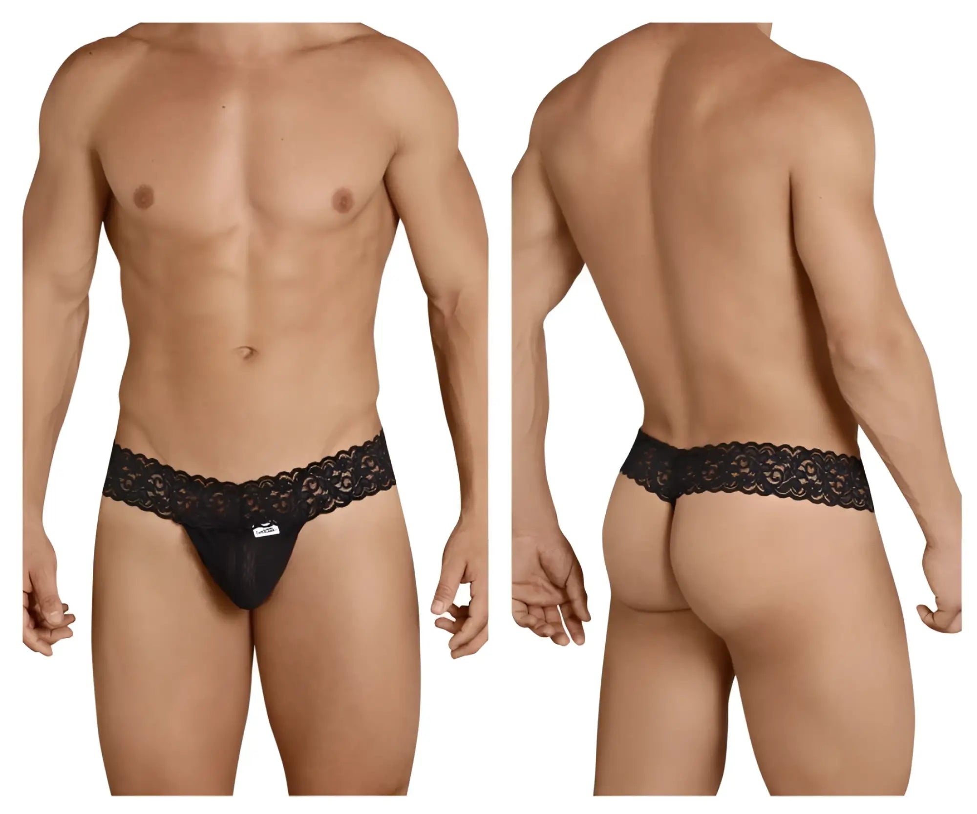 Black lace-trimmed CandyMan 99370 men’s thong with small front brand tag in black color