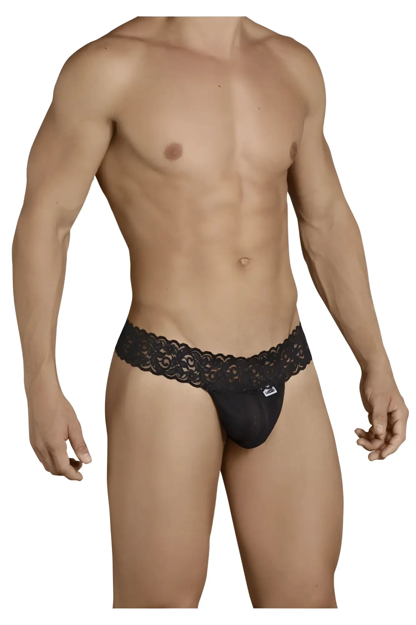 Black lace-trimmed men’s thong with subtle brand logo on front in candyMan 99370 thongs color black