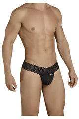Black lace-trimmed men’s thong with subtle brand logo on front in candyMan 99370 thongs color black