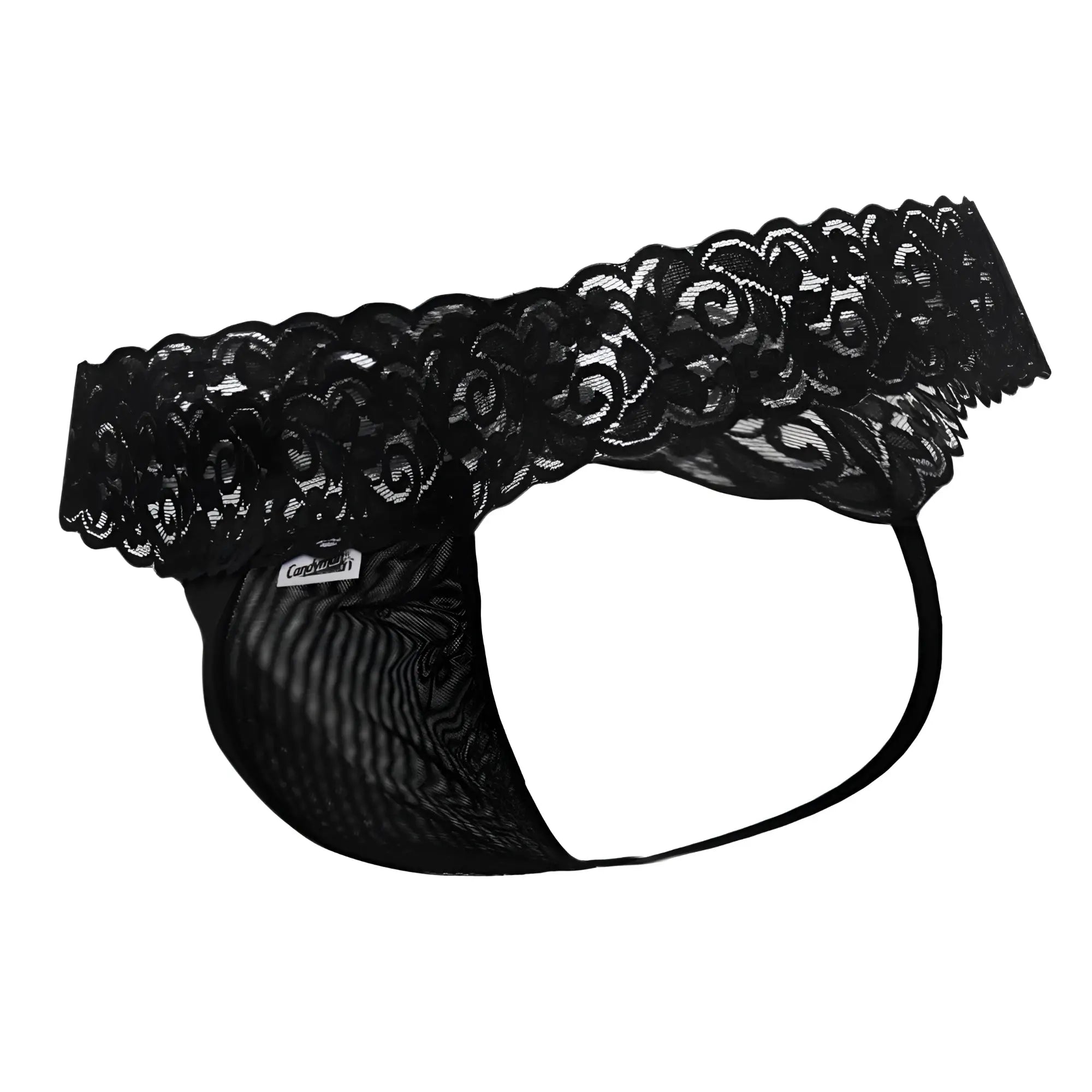 CandyMan 99370 black mesh briefs with black lace trim scalloped edge and elastic waistband front view