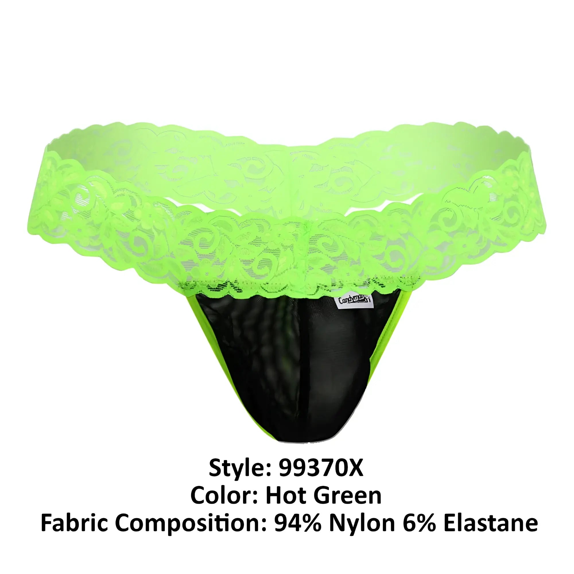 Hot green CandyMan 99370X thong with lace trim and black mesh interior showcasing front design