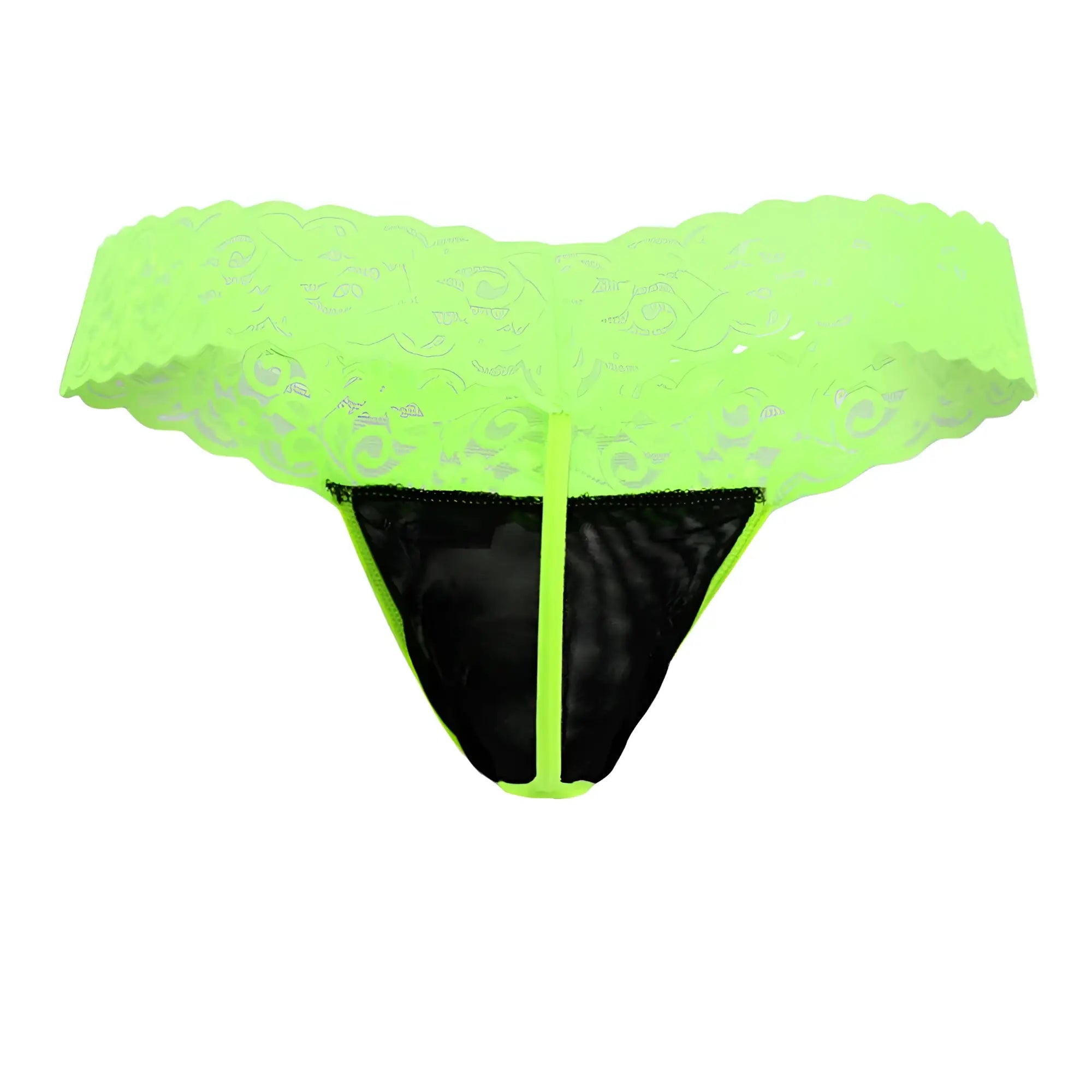 CandyMan 99370X thong in hot green neon lace with black mesh panel and matching neon green trim front view