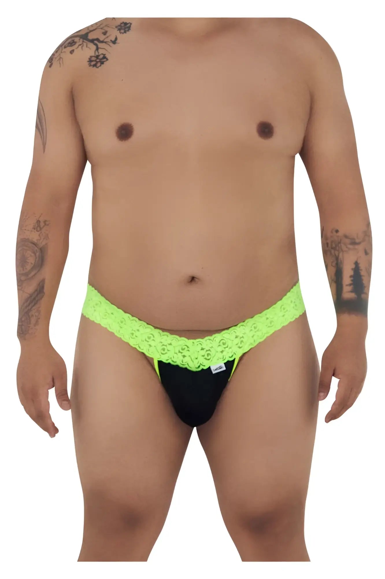 Neon green lace-trimmed black briefs from candyman 99370x thongs in hot green shown from the back side