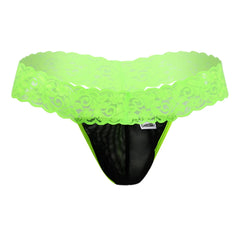 Neon green lace-trimmed black mesh thong CandyMan 99370X shown from the back with vibrant hot green accents