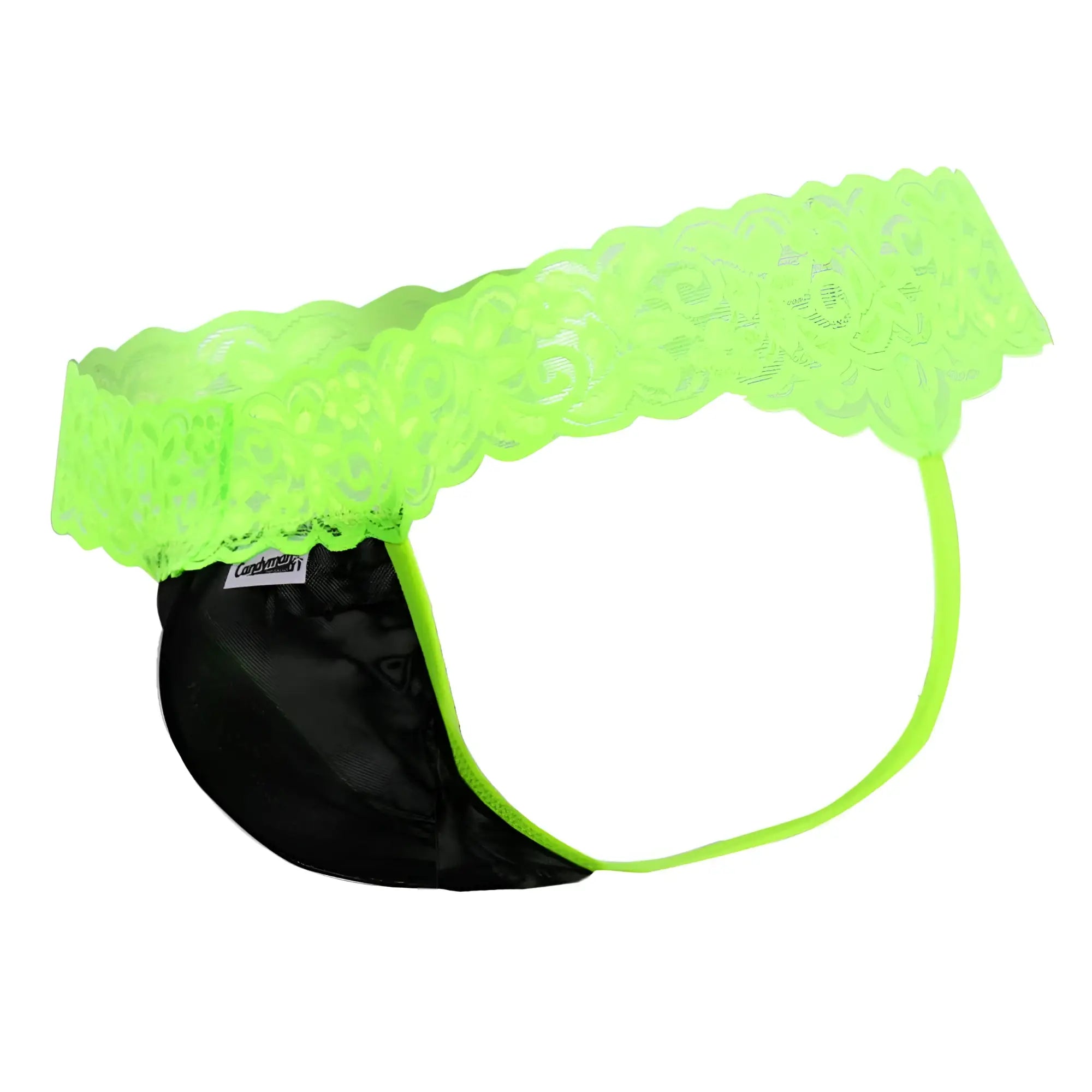 CandyMan 99370X thongs neon green lace-trimmed black satin briefs showing front side