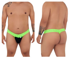 Neon green lace-trimmed black thong candyMan 99370X showing back side with vibrant color and delicate detailing