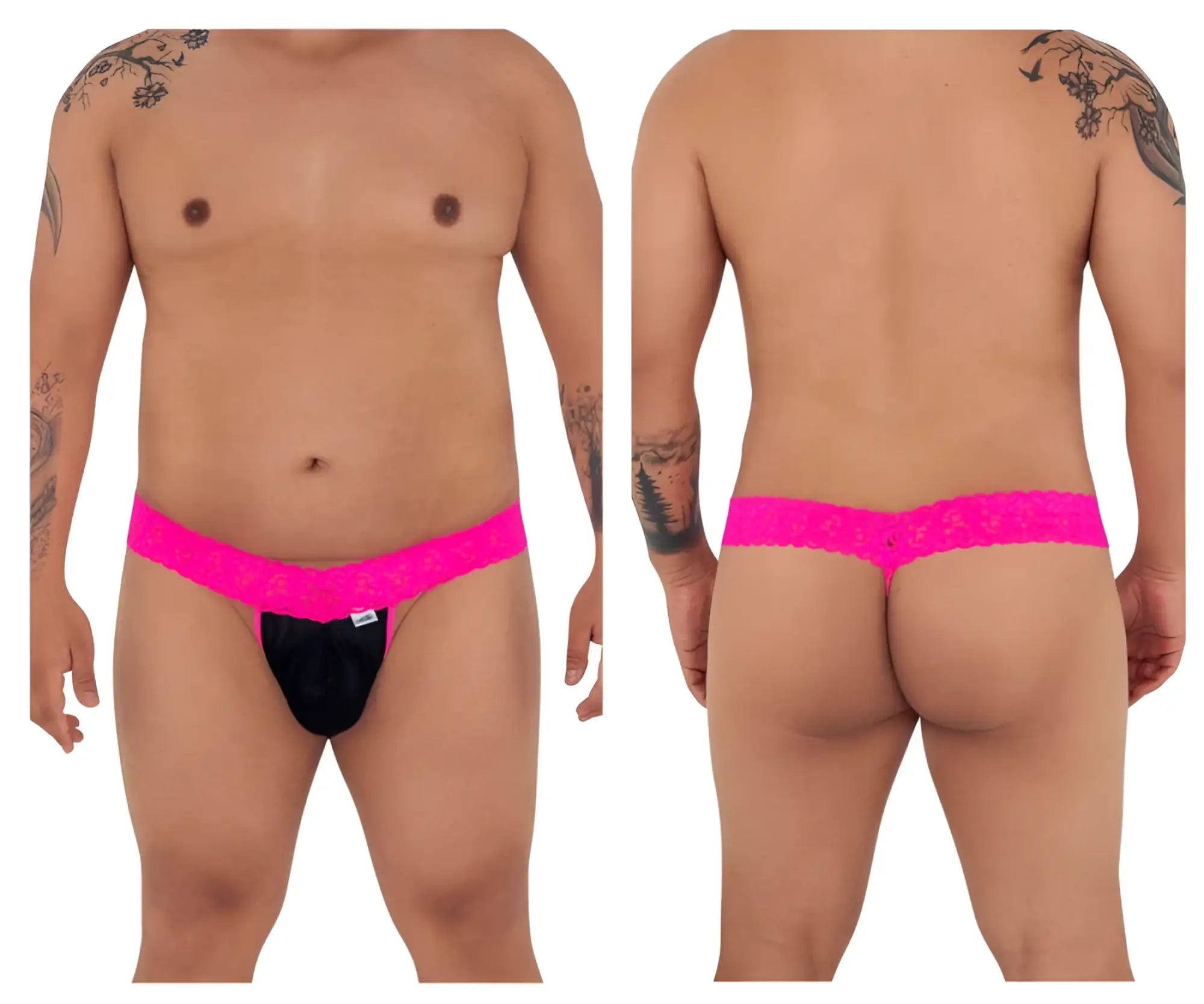 Bright pink lace-trimmed black CandyMan 99370X thong with a small white brand tag in hot pink color