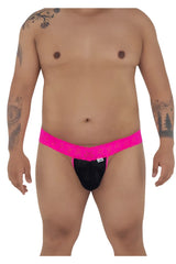 CandyMan 99370X thongs in hot pink feature bright pink lace-trimmed black briefs with a small white brand tag