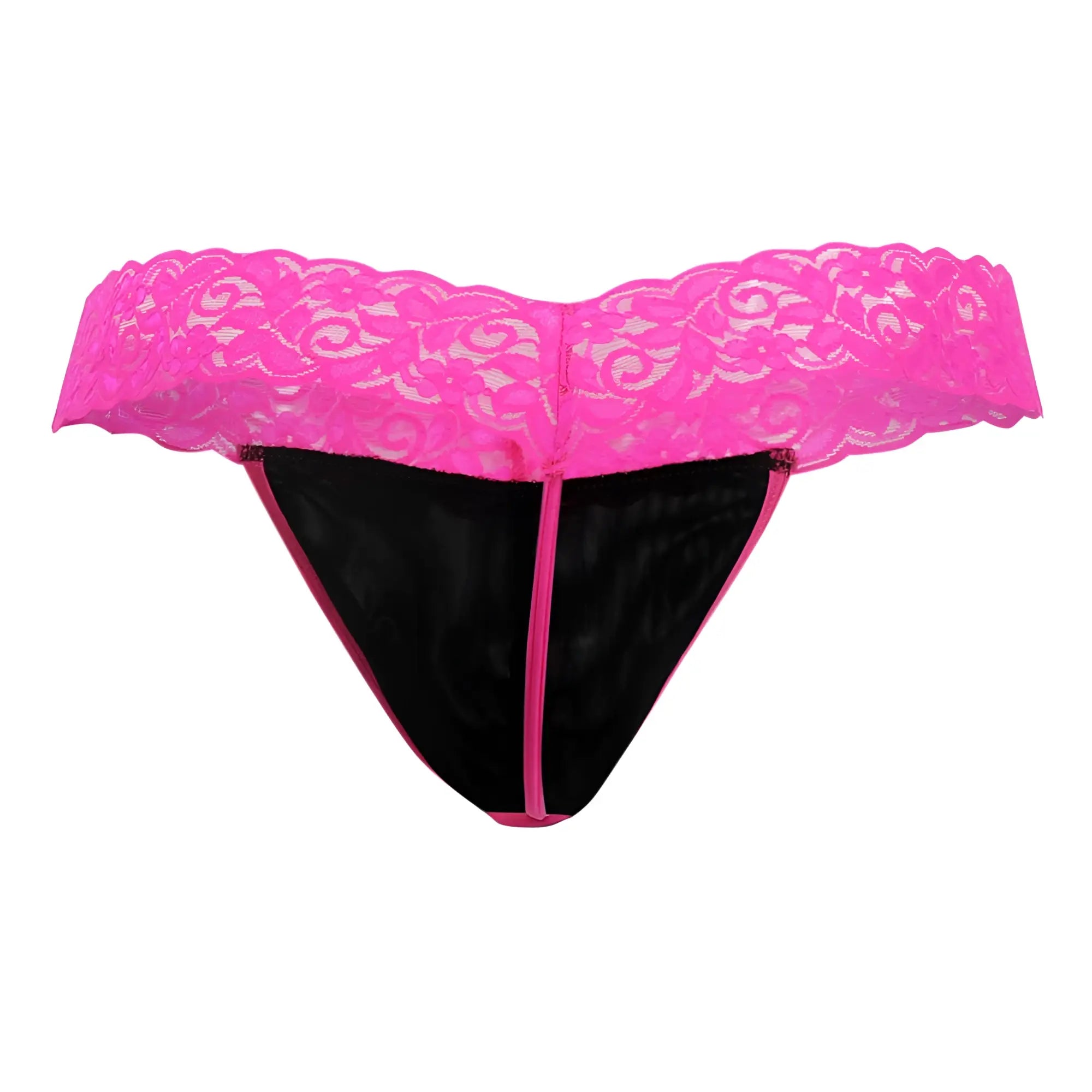 Bright pink CandyMan 99370X thong with lace trim black mesh interior and matching pink stitching