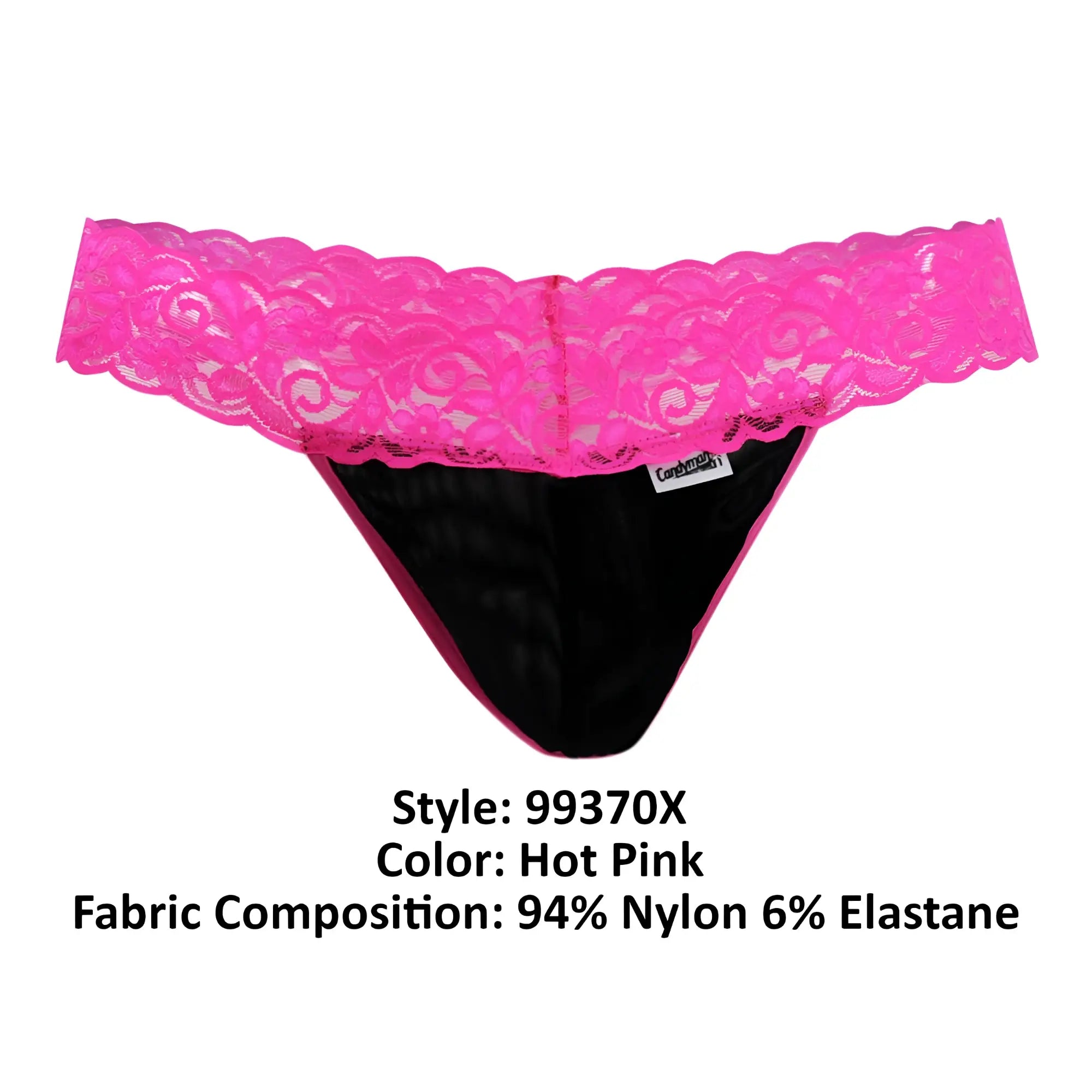 Hot pink candy man 99370x thong with lace trim and black interior made from 94 nylon 6 elastane