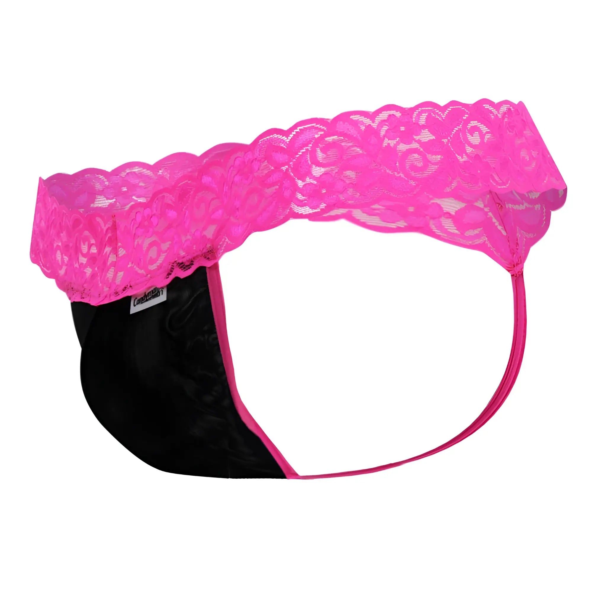 CandyMan 99370X thong in hot pink with black lace trim scalloped edge and matching elastic waistband front view