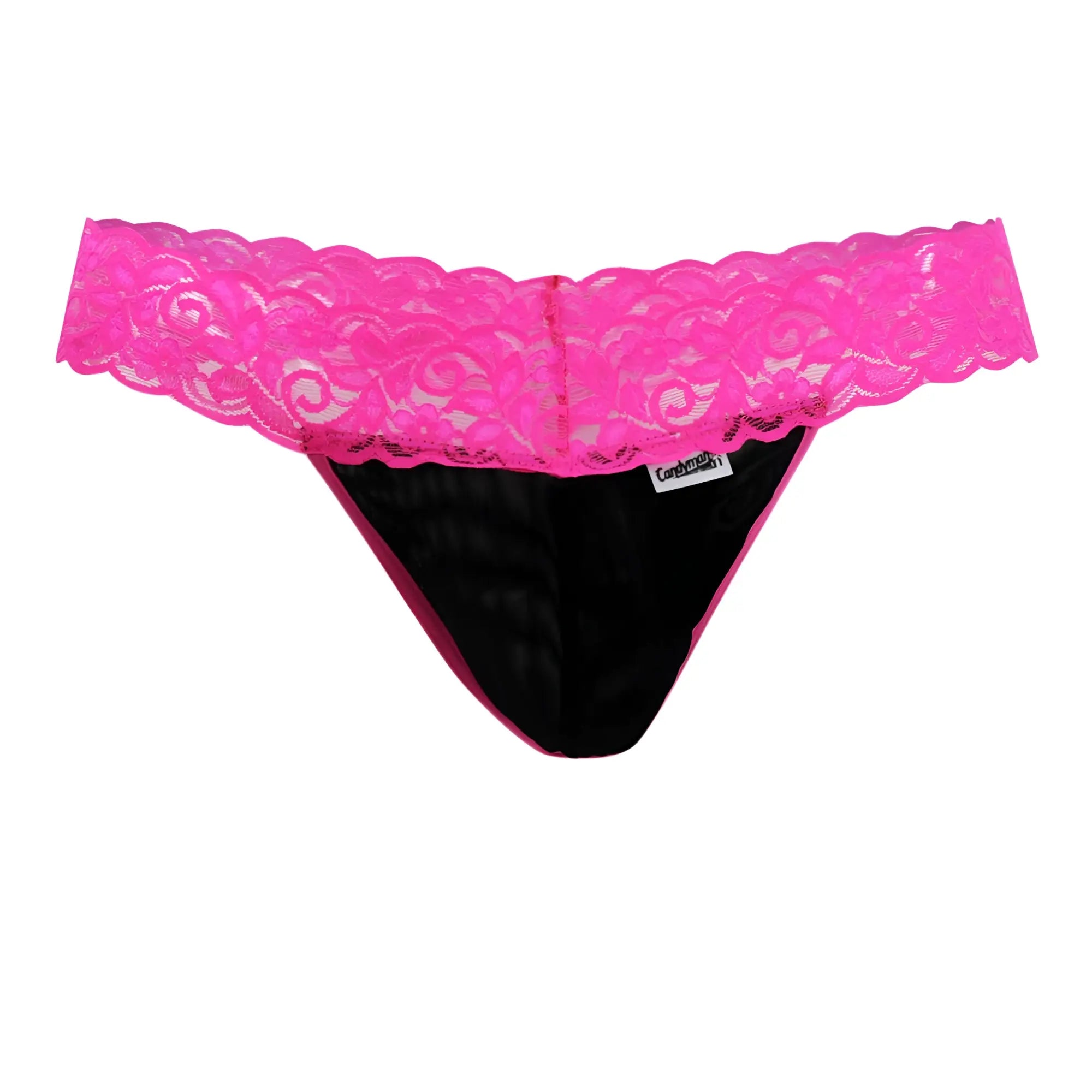 A vibrant hot pink CandyMan 99370X thong with pink lace trim and black satin interior
