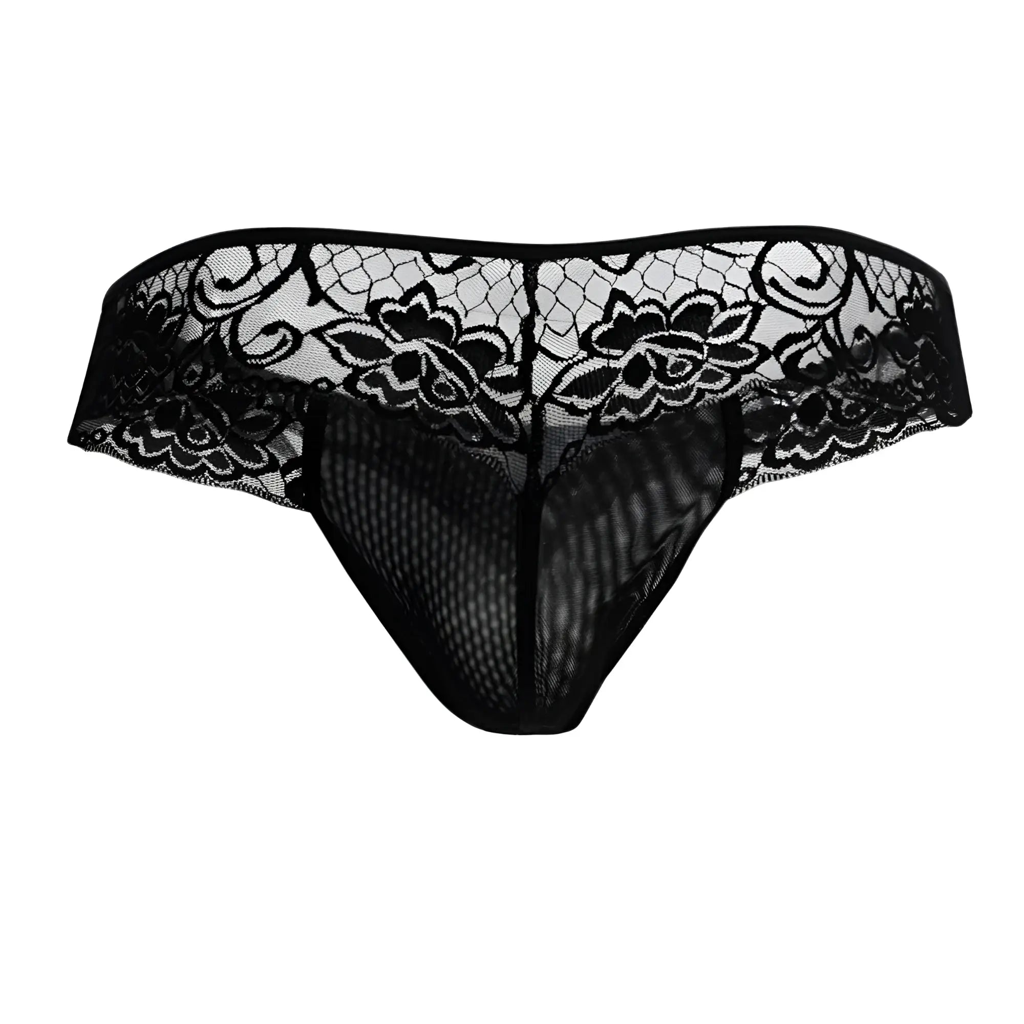 Black lace thong candyMan 99392 with floral patterns and a mesh front in black color for lingerie wear