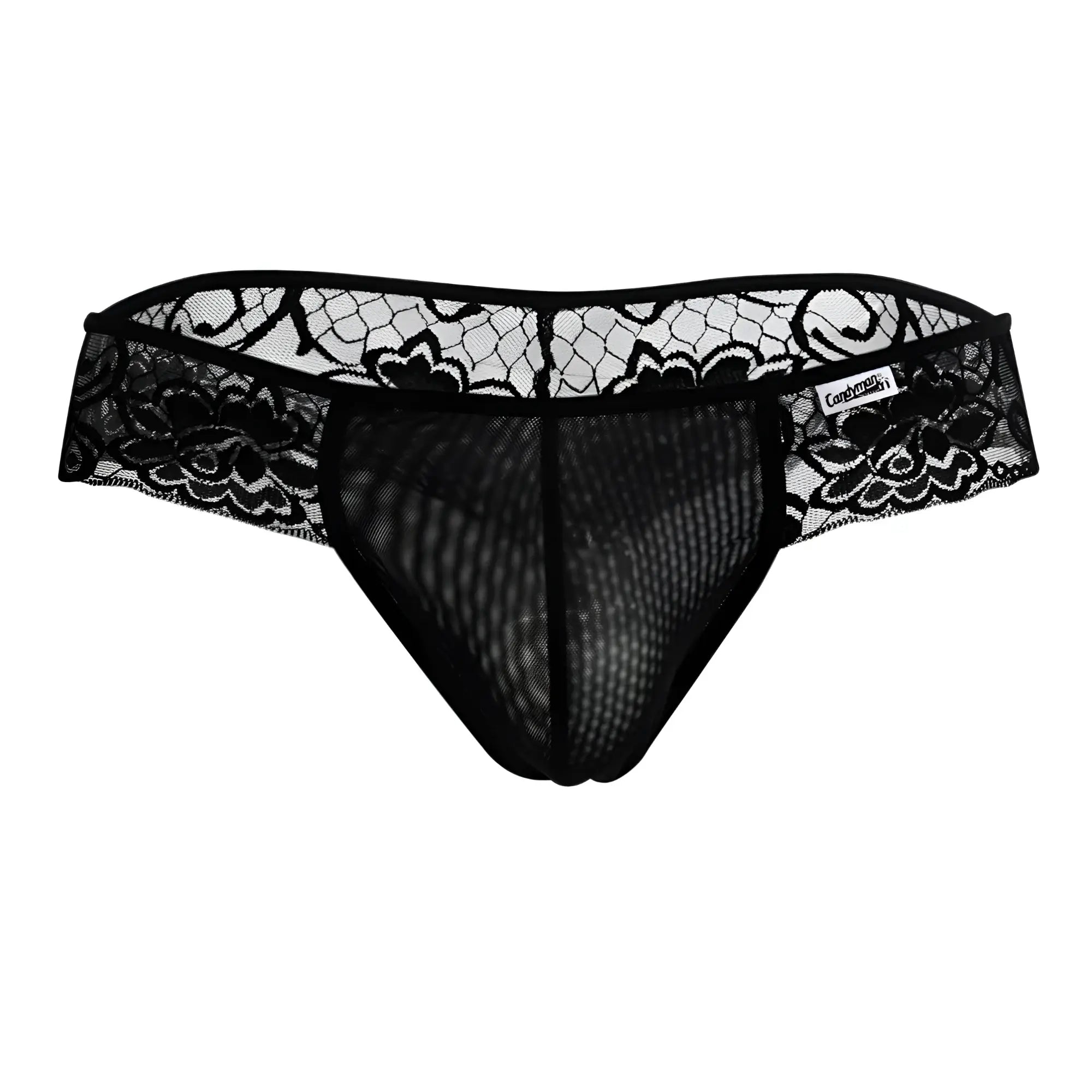 Black lace CandyMan 99392 thong in black with intricate floral patterns and a mesh fabric body front view