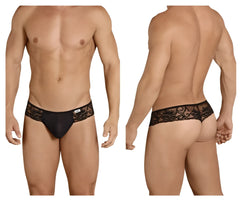 Black CandyMan 99392 thongs with lace trim sheer mesh body and floral embroidery on waistband front view