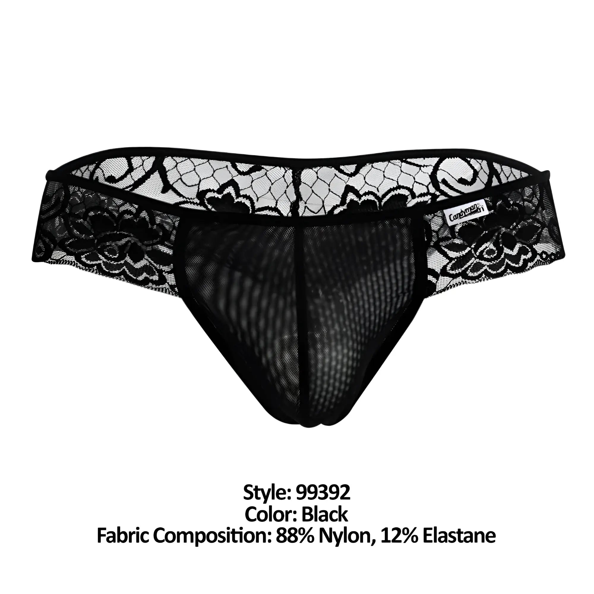 CandyMan 99392 black thongs with black lace-trimmed mesh briefs featuring a delicate floral pattern and seamless design