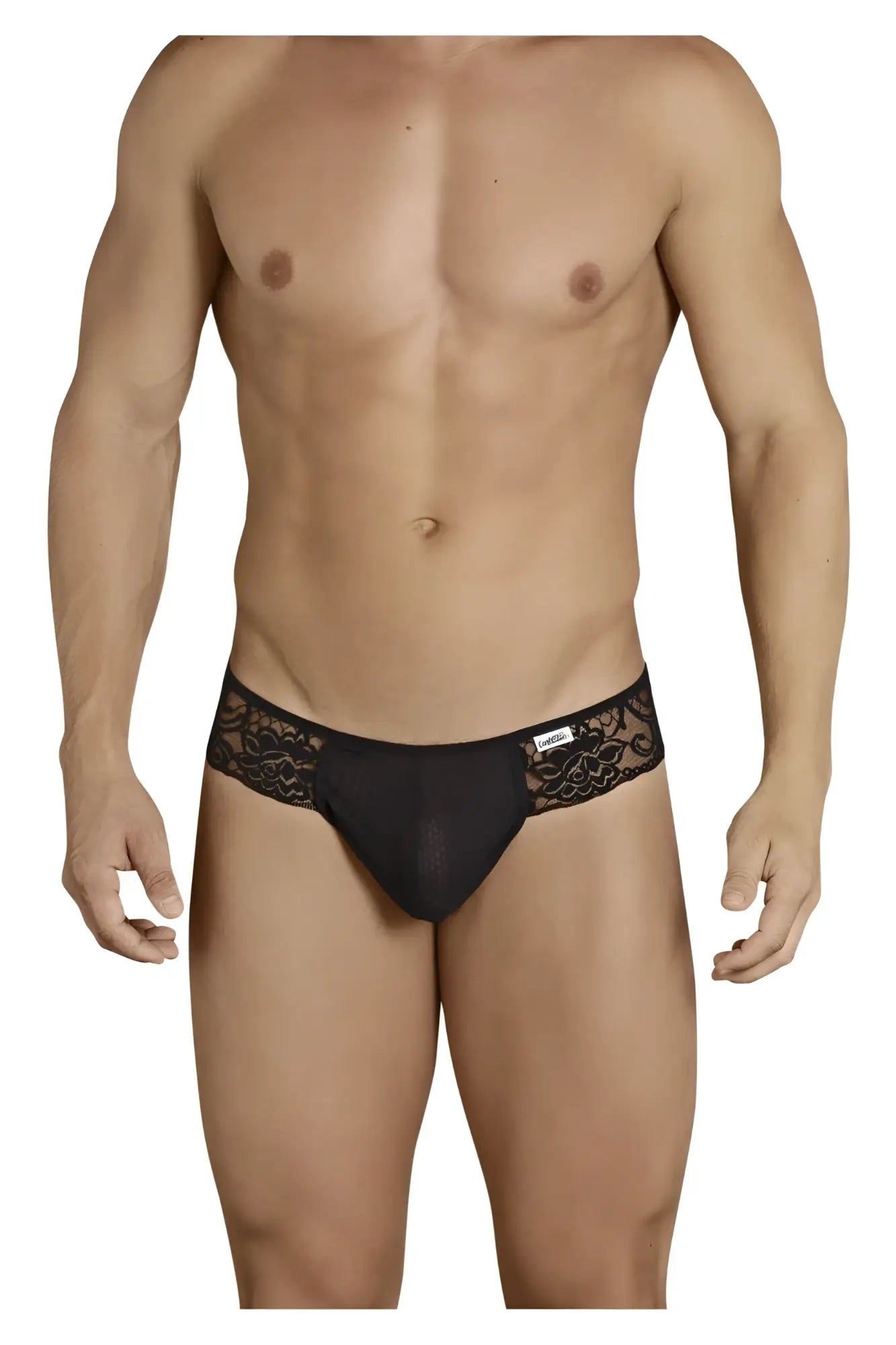 Black CandyMan 99392 thong with sheer mesh front, black lace trim, and embroidered floral waistband detail