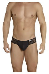 Black CandyMan 99392 thong with sheer mesh front, black lace trim, and embroidered floral waistband detail