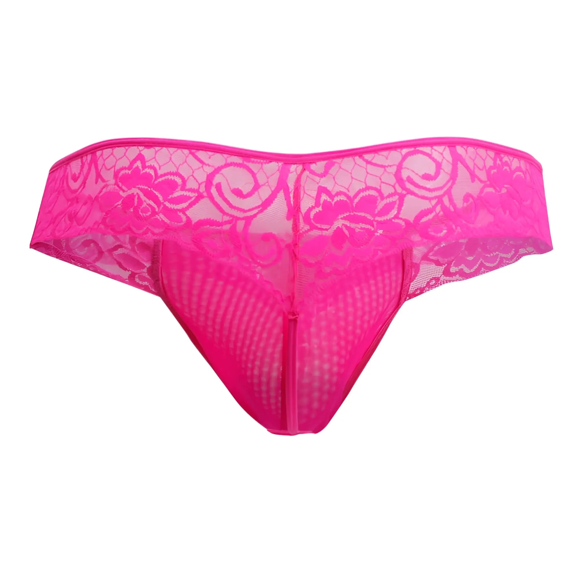 Bright pink CandyMan 99392 lace thong with floral and swirl patterns, showcasing delicate sheer fabric details