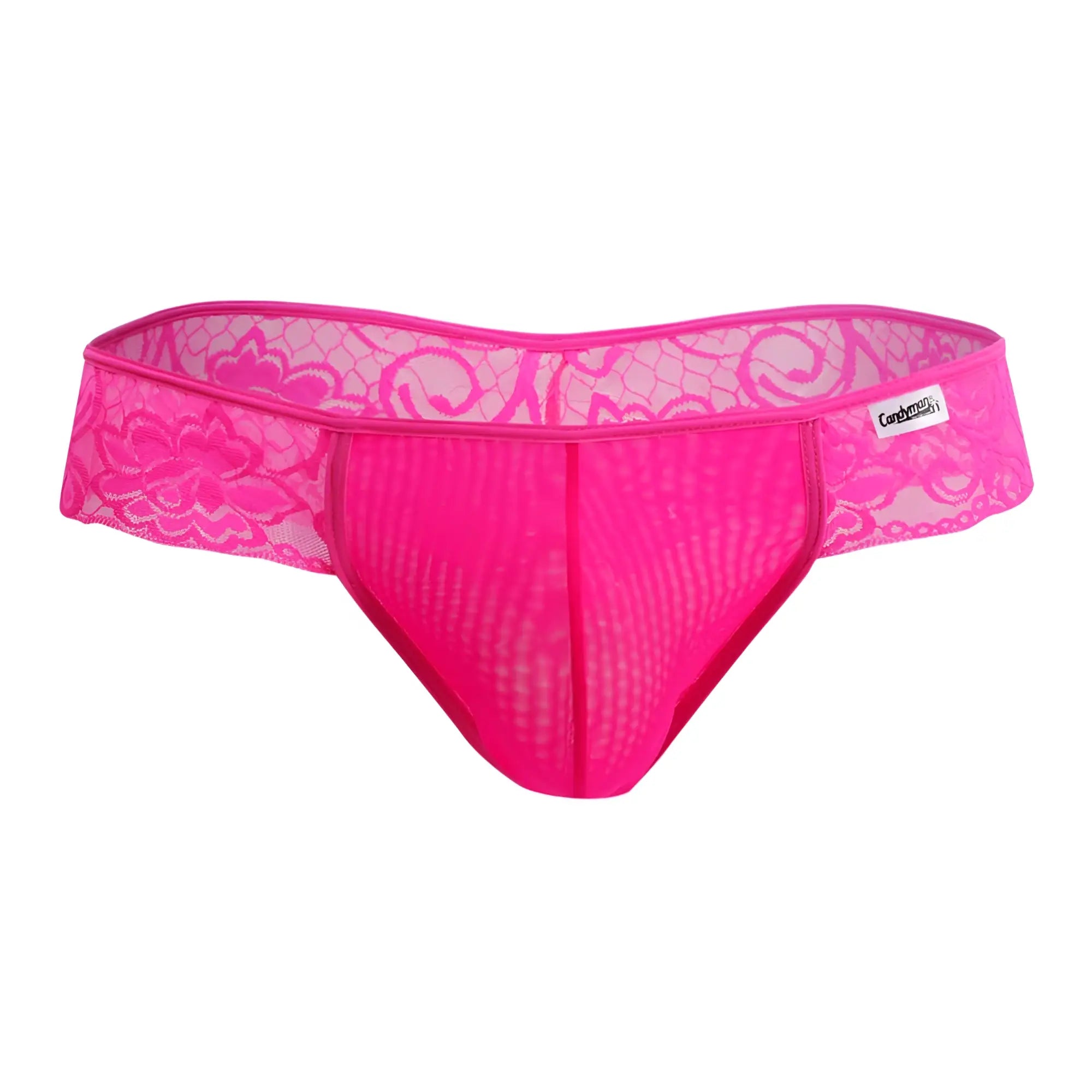 Bright pink lace thong with floral patterns and mesh front panel candy man 99392 thongs color pink