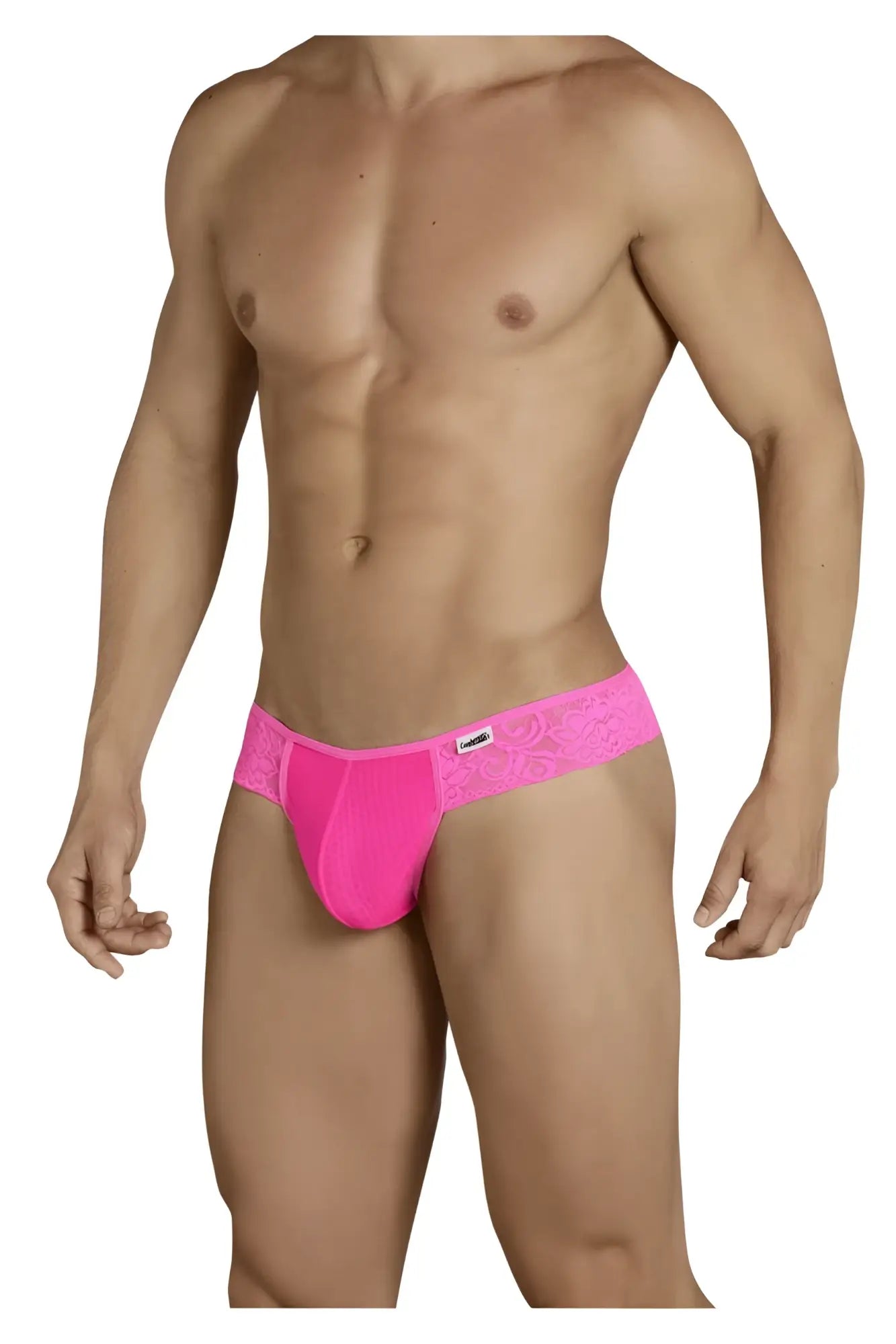 Bright pink CandyMan 99392 men’s briefs with lace trim and branded tag in soft fabric for comfortable wear