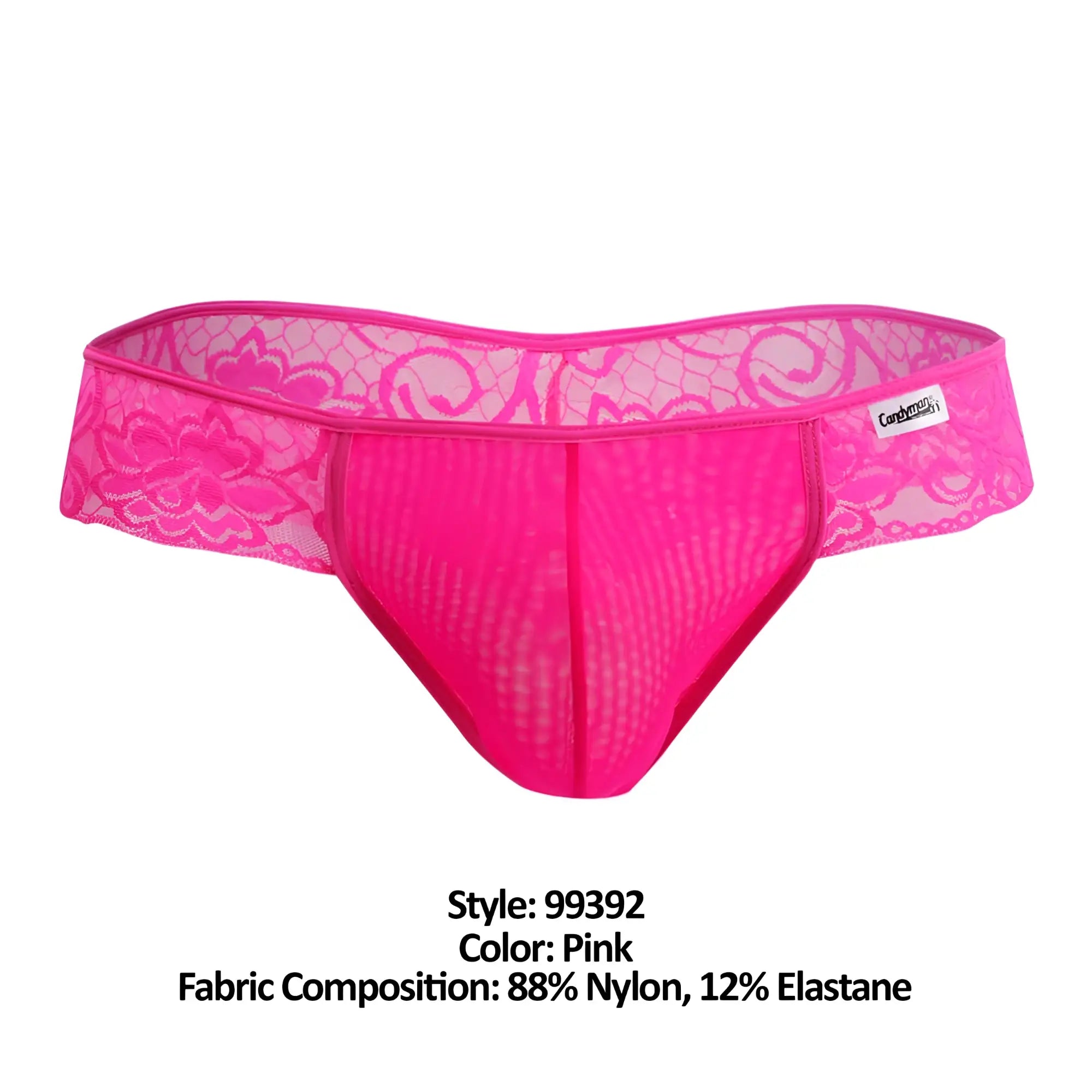 CandyMan 99392 men’s bright pink thong with lace trim mesh front panel and elastic waistband