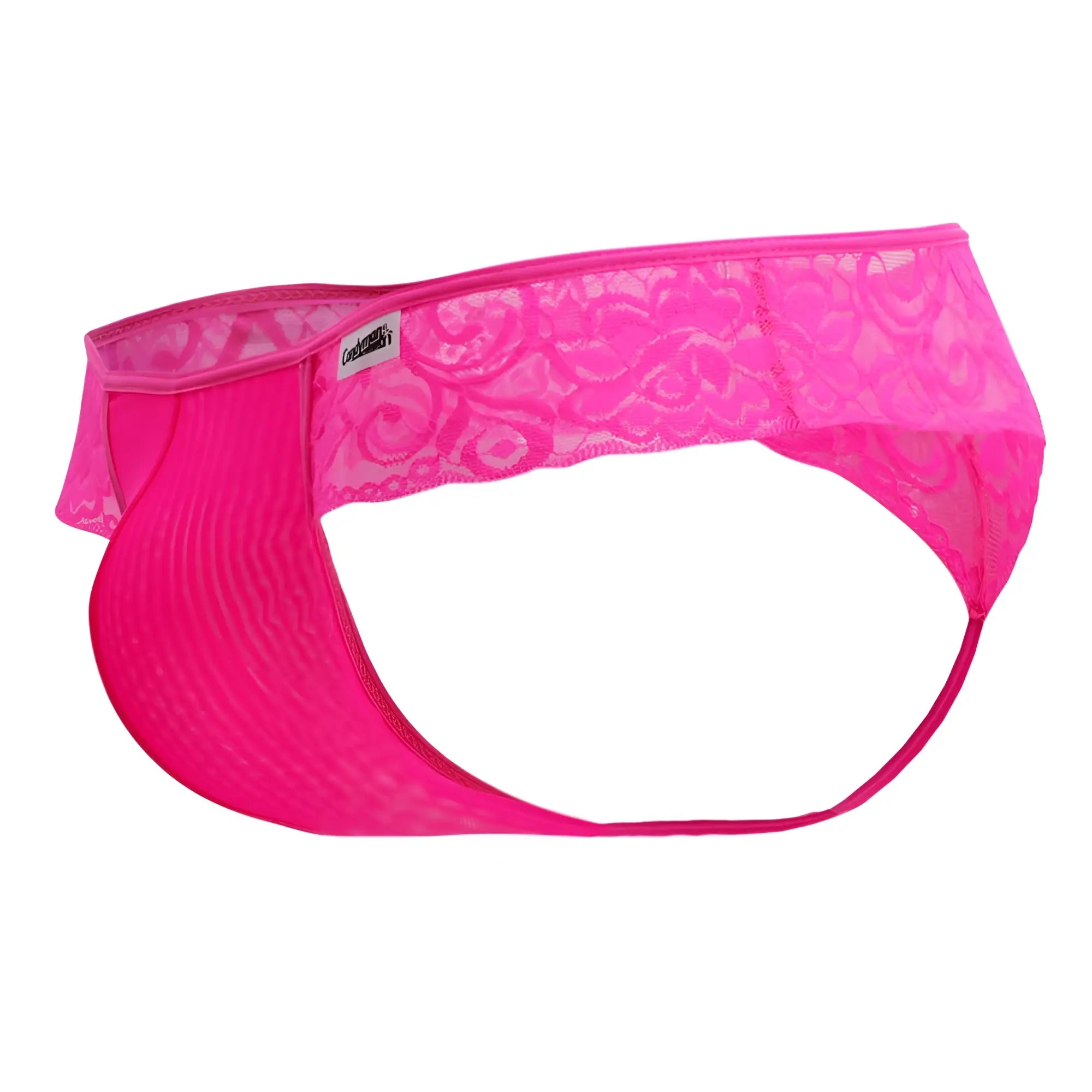 CandyMan 99392 bright pink thong with lace trim sheer mesh body and scalloped edges front view