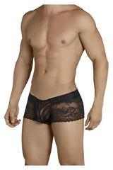 CandyMan 99393 black lace men’s boxer briefs with intricate floral patterns and scalloped hem front view