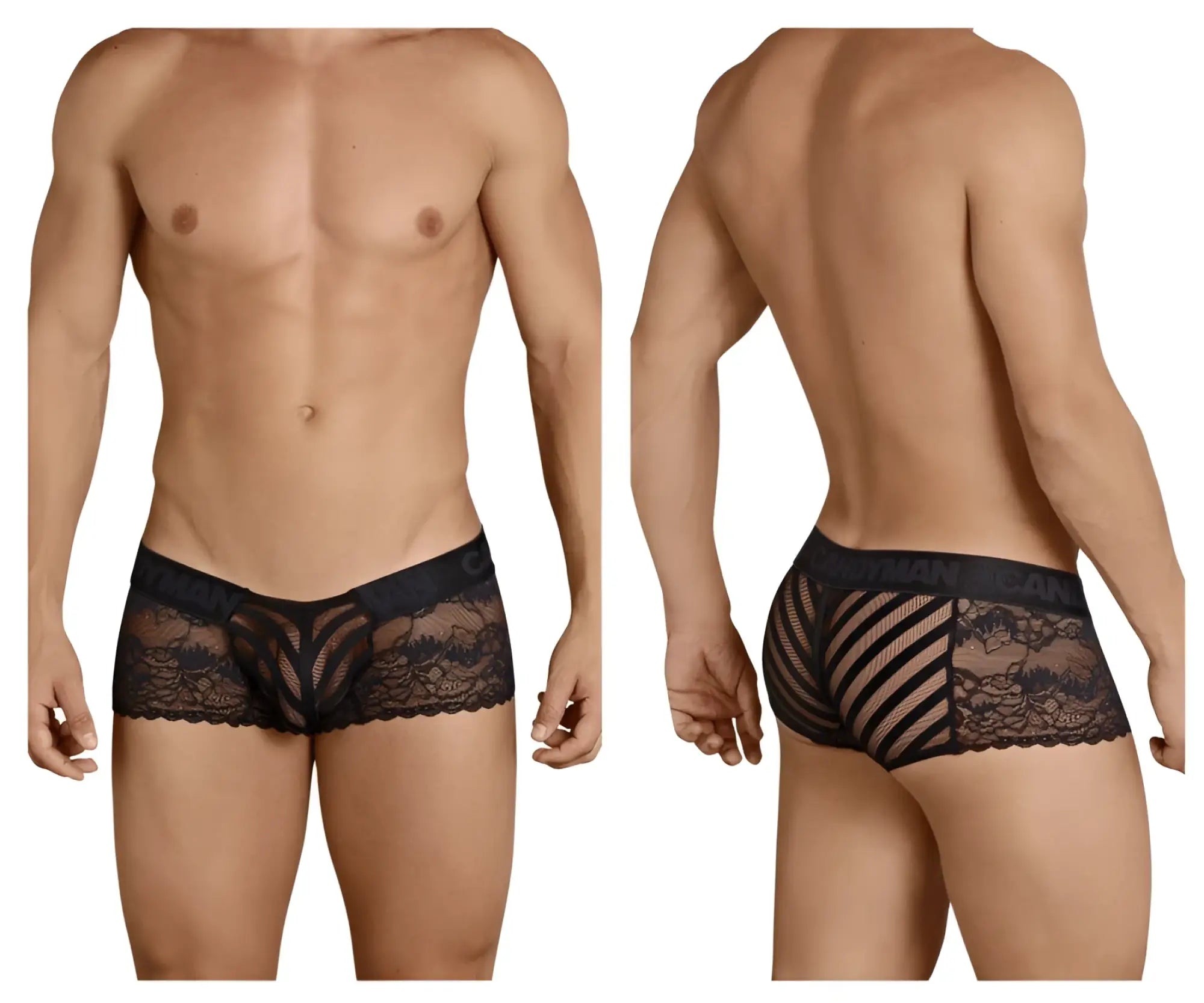 Black lace candyMan 99393 boxer briefs with intricate floral patterns and mesh design for men