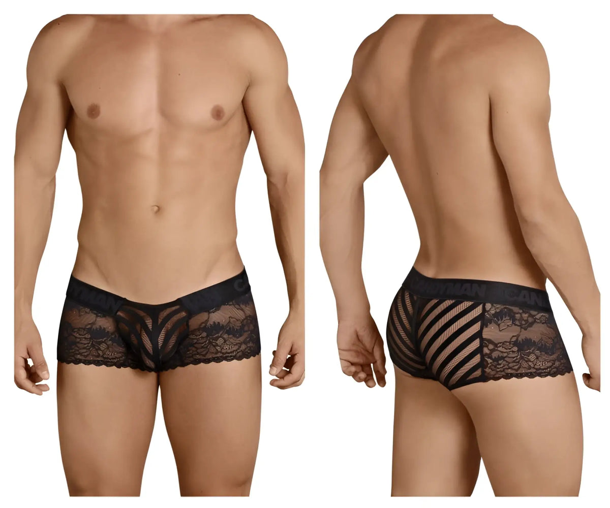 Black lace candyMan 99393 boxer briefs with intricate floral patterns and mesh design for men