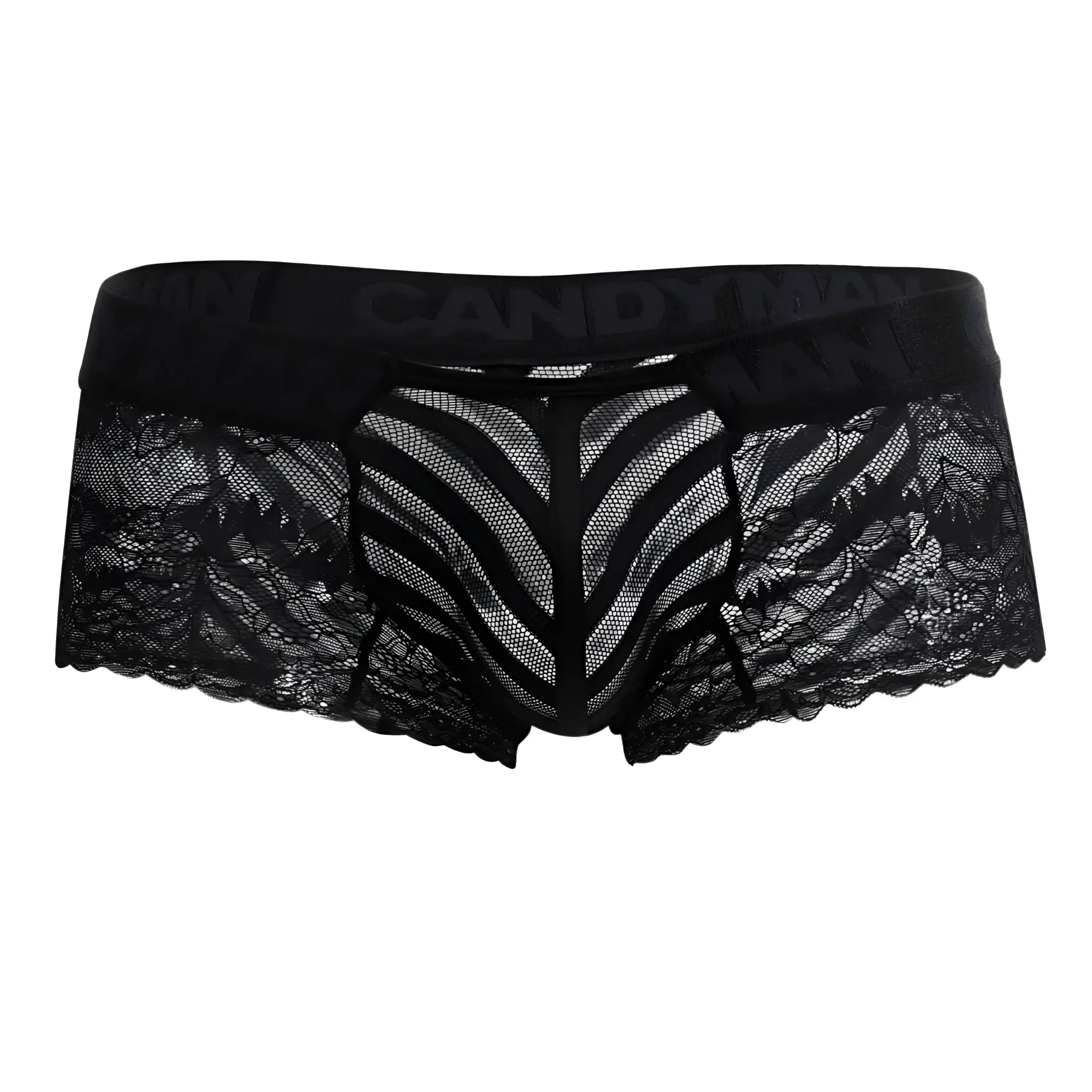 Black candyMan 99393 boxer briefs with sheer mesh panel lace fabric and scalloped edges mens underwear
