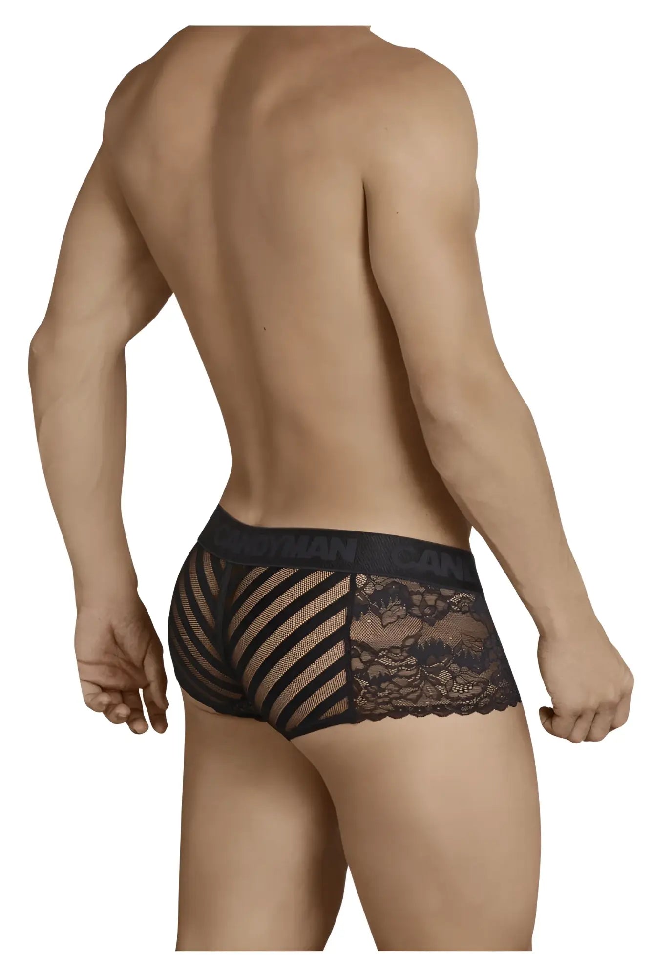 Black candyMan 99393 boxer briefs with lace briefs featuring mesh panel and floral embroidery detailing