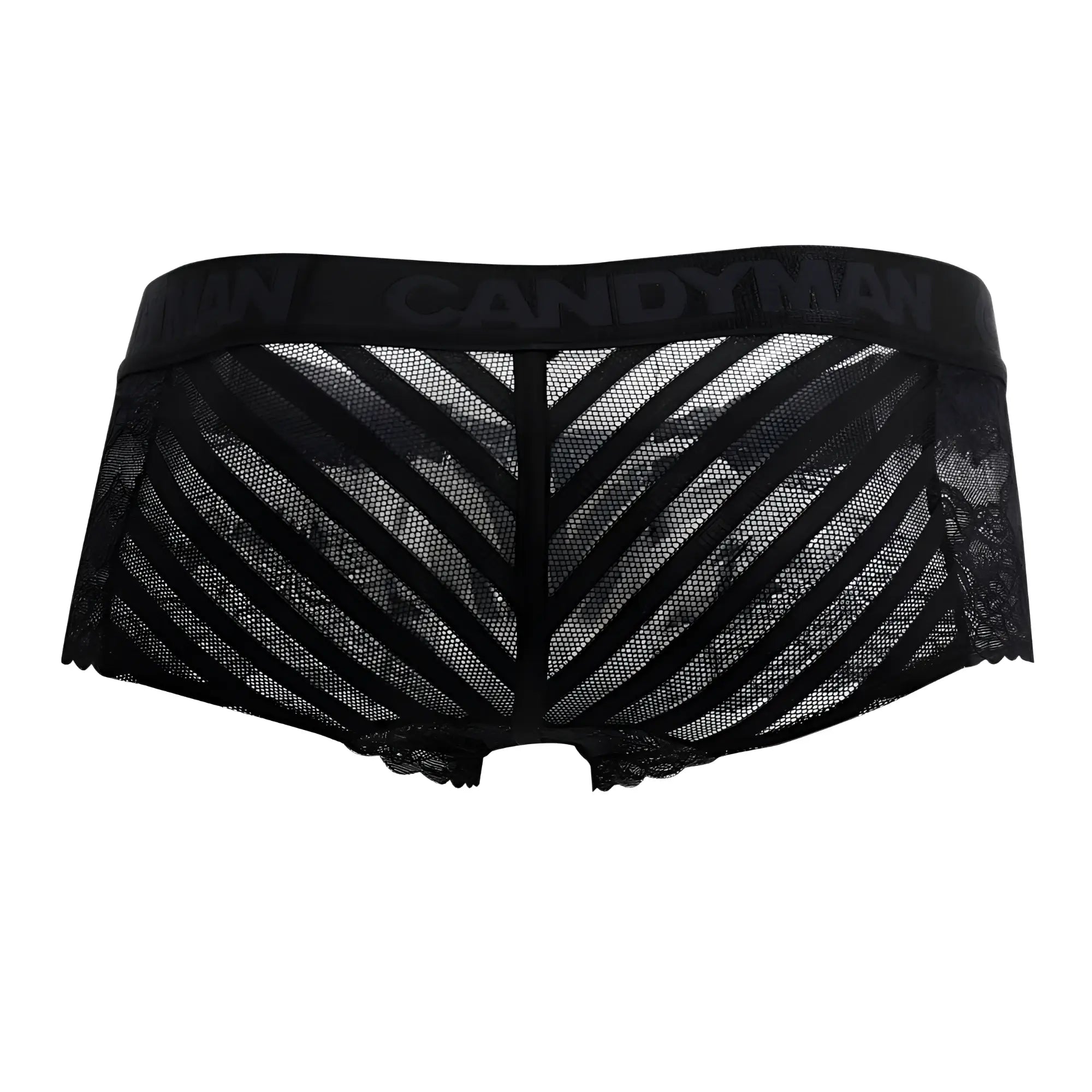 Black lace candyMan 99393 boxer briefs with mesh panel and diagonal stripes in black color with branded waistband