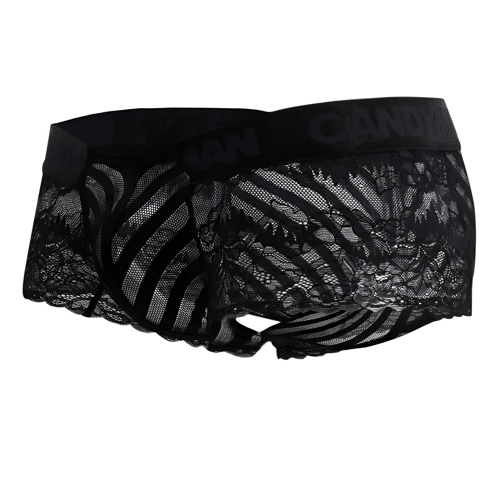 Black lace boxer briefs candyman 99393 with patterned design and elastic waistband in black color