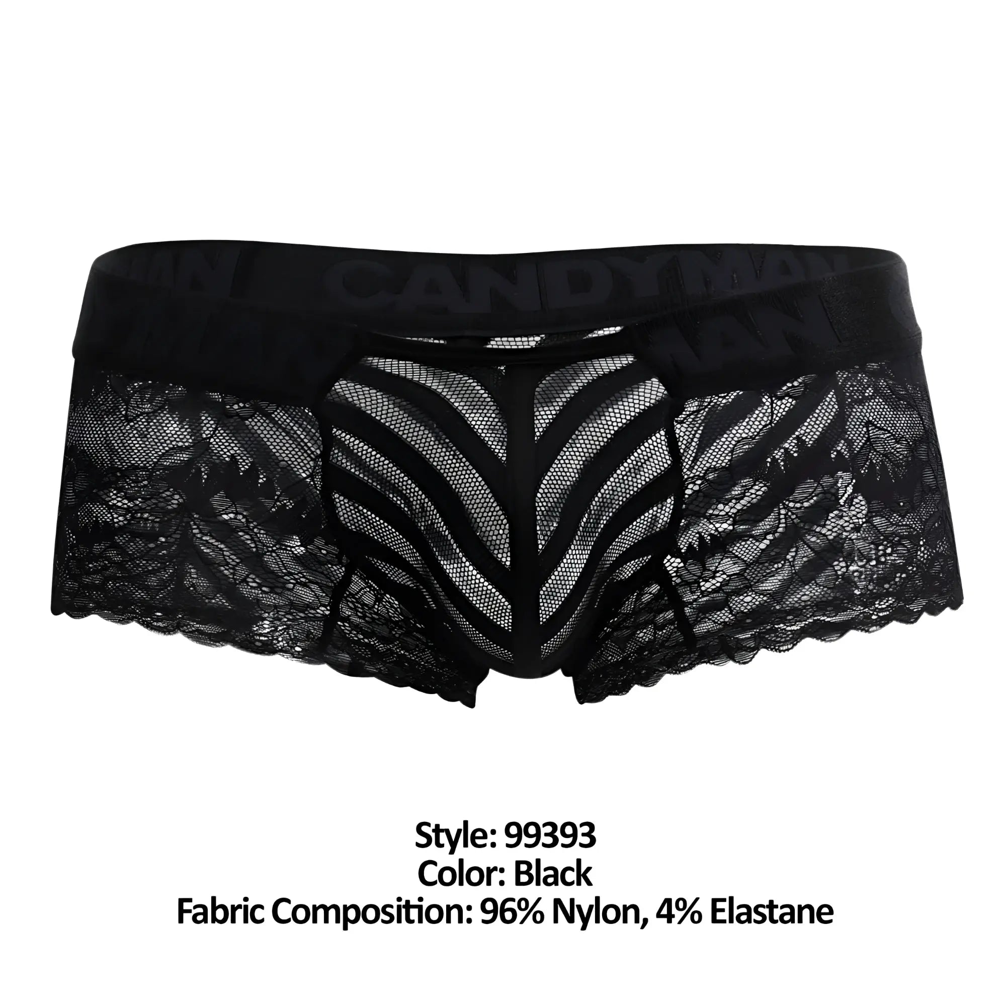 Candyman 99393 black boxer briefs with black lace sheer patterned front panel and scalloped edges for a stylish fit