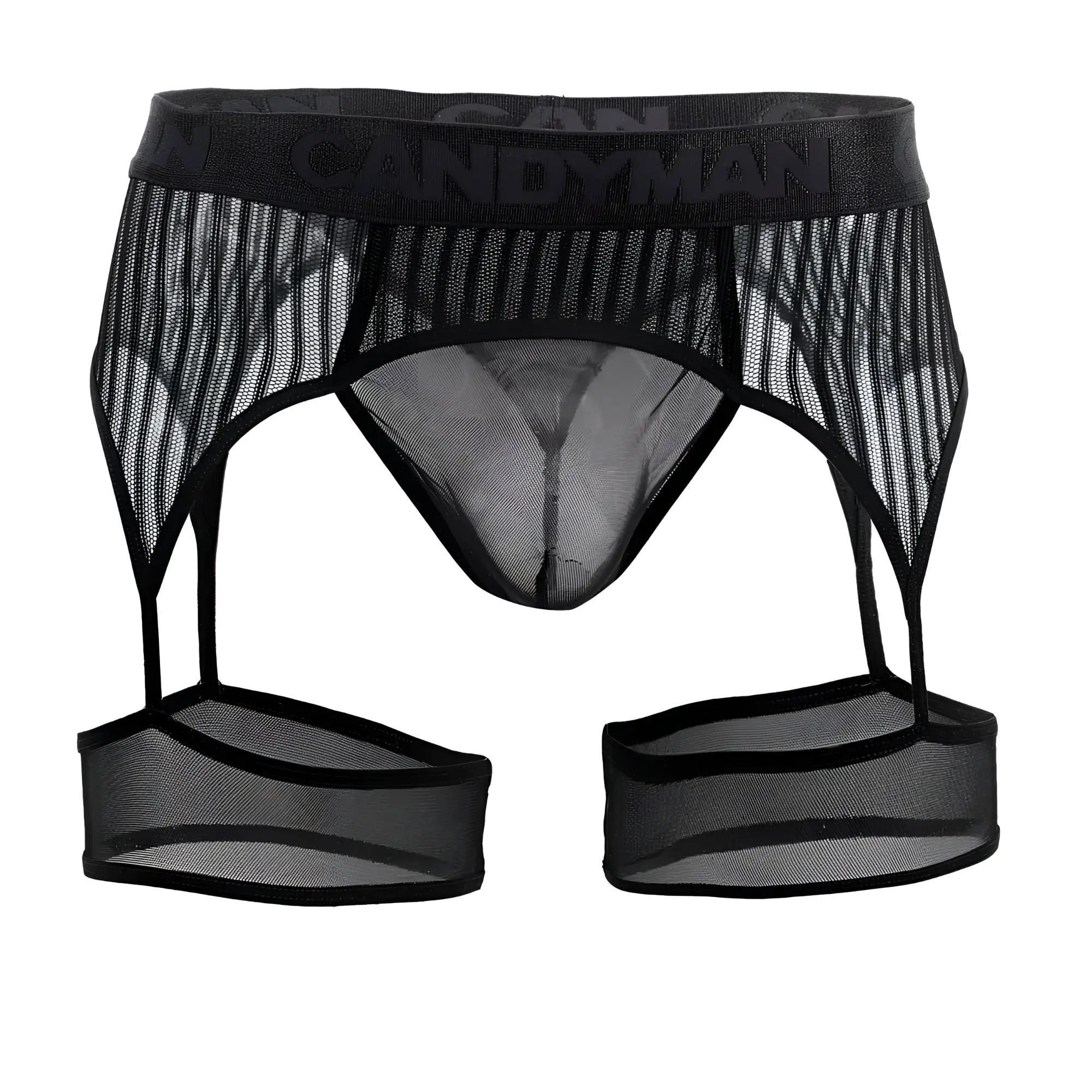Black mesh CandyMan 99403 stripes garter belt with sheer design and reinforced elastic waistband