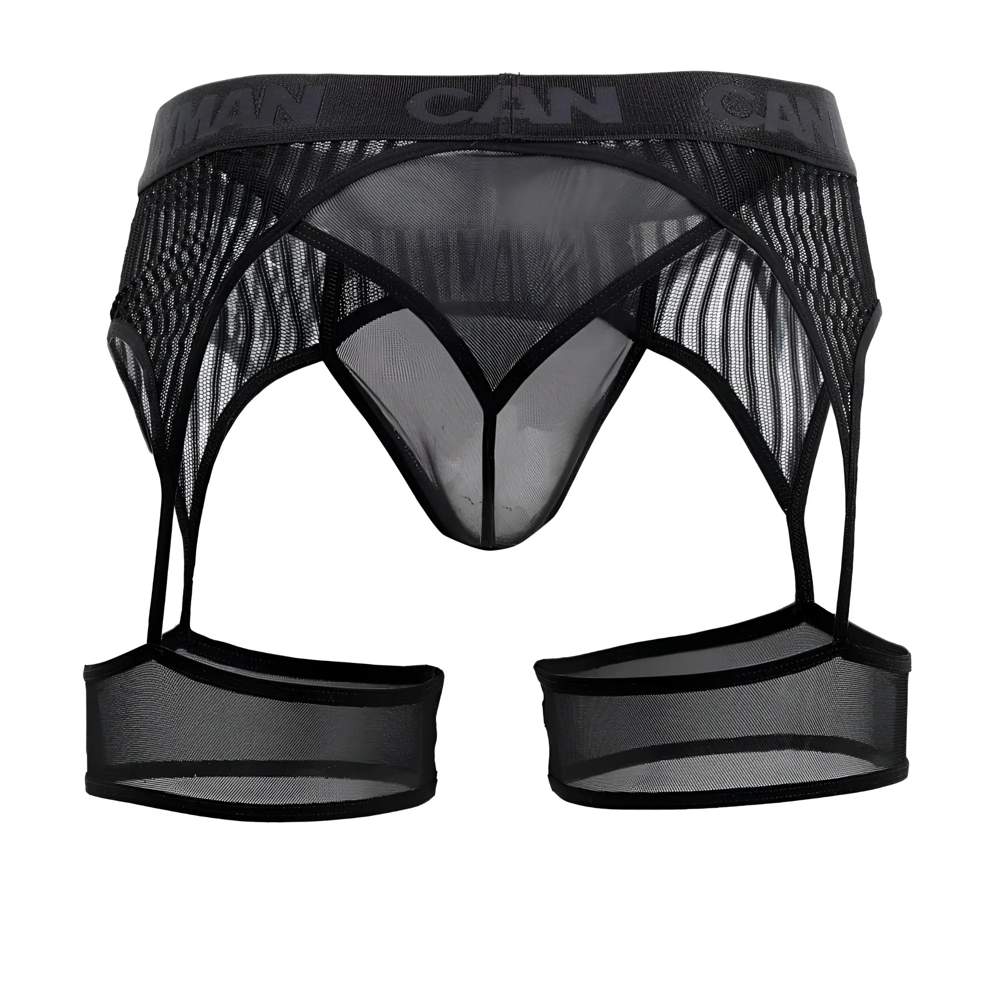Black mesh candy man 99403 stripes gaterbelt thongs with branded waistband and leg straps front view