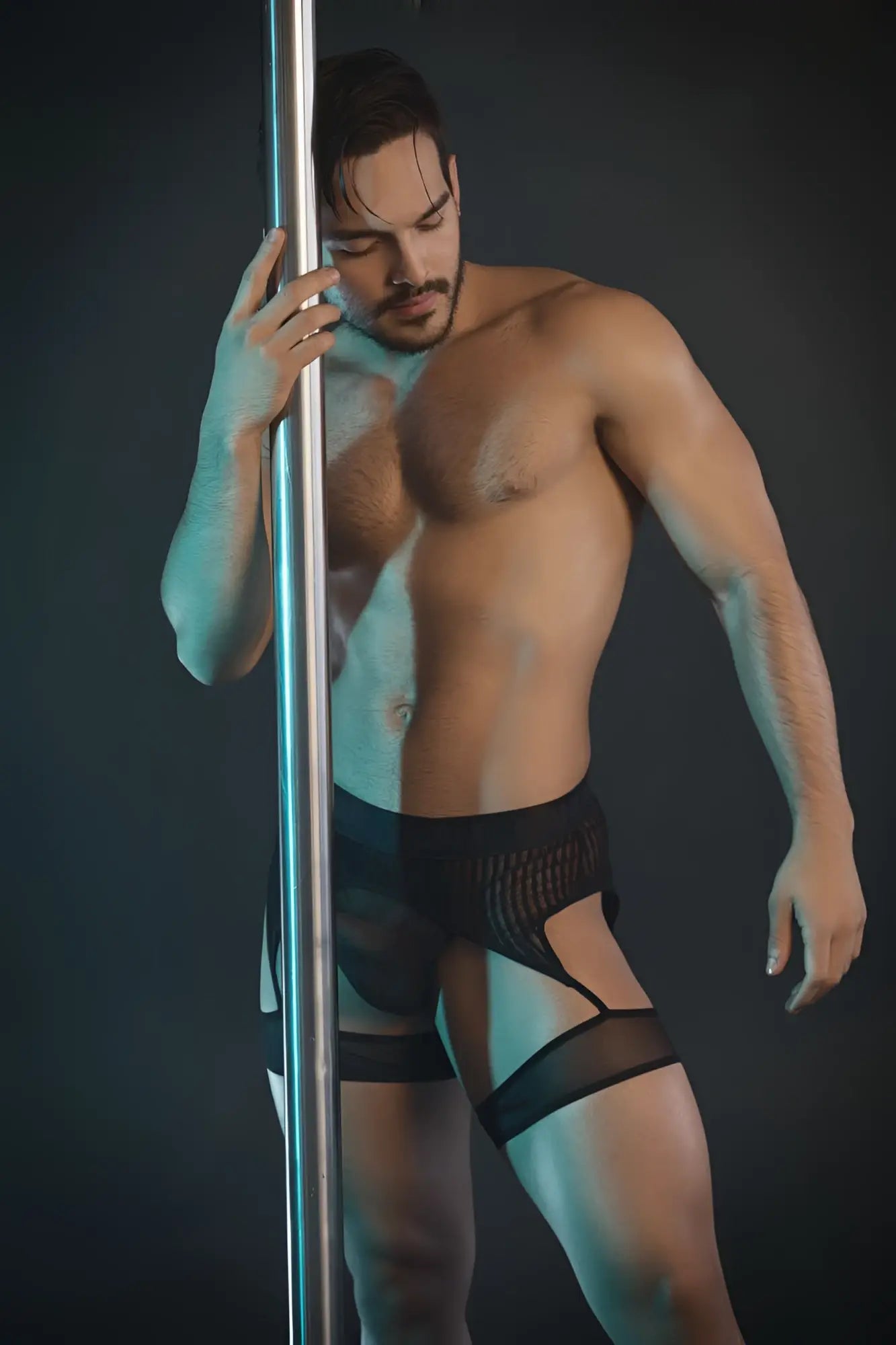Black CandyMan 99403 stripes garterbelt thongs with sheer straps and supportive black mesh briefs design