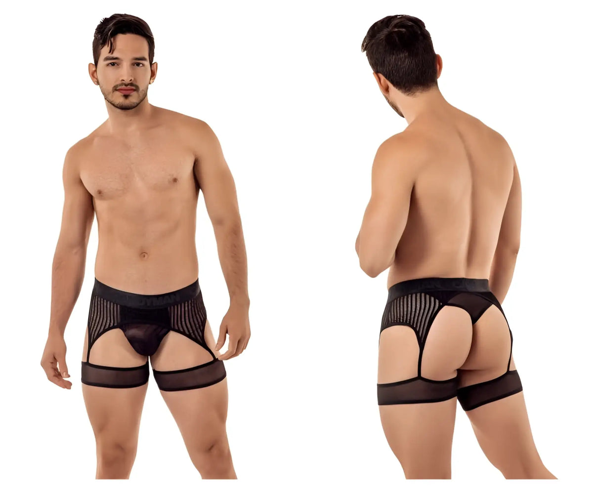 Black CandyMan 99403 striped mesh gaterbelt briefs with sheer fabric and supportive leg straps, front view