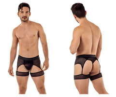 Black CandyMan 99403 striped mesh gaterbelt briefs with sheer fabric and supportive leg straps, front view