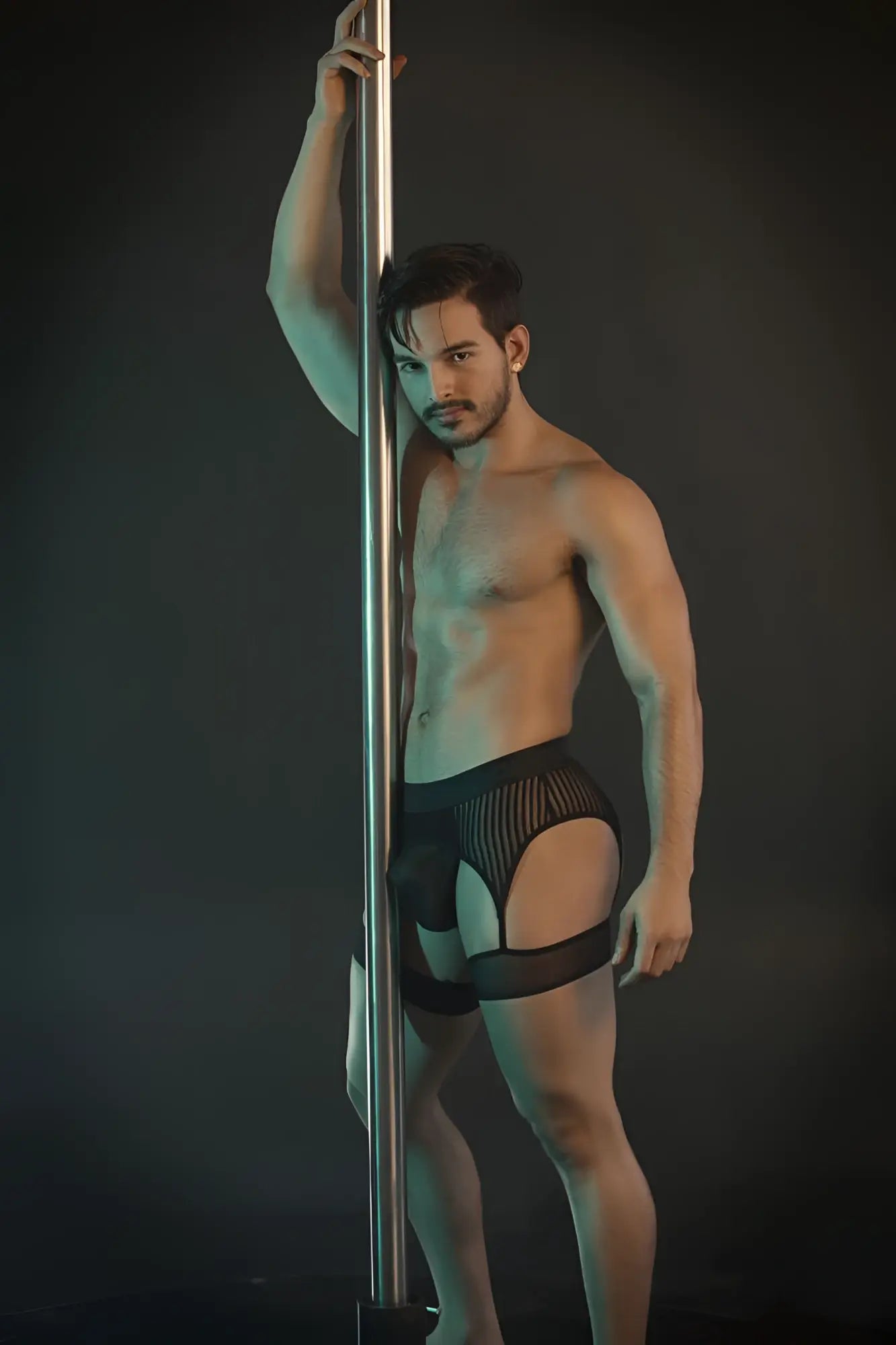 CandyMan 99403 stripes gaterbelt thongs black pole dance briefs with black mesh and solid panels back side view