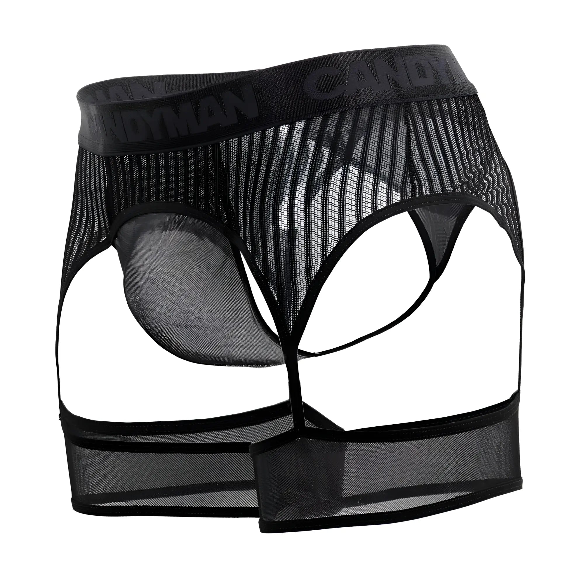 Black mesh briefs with striped pattern and candyman branded waistband candyMan 99403 stripes gaterbelt thongs