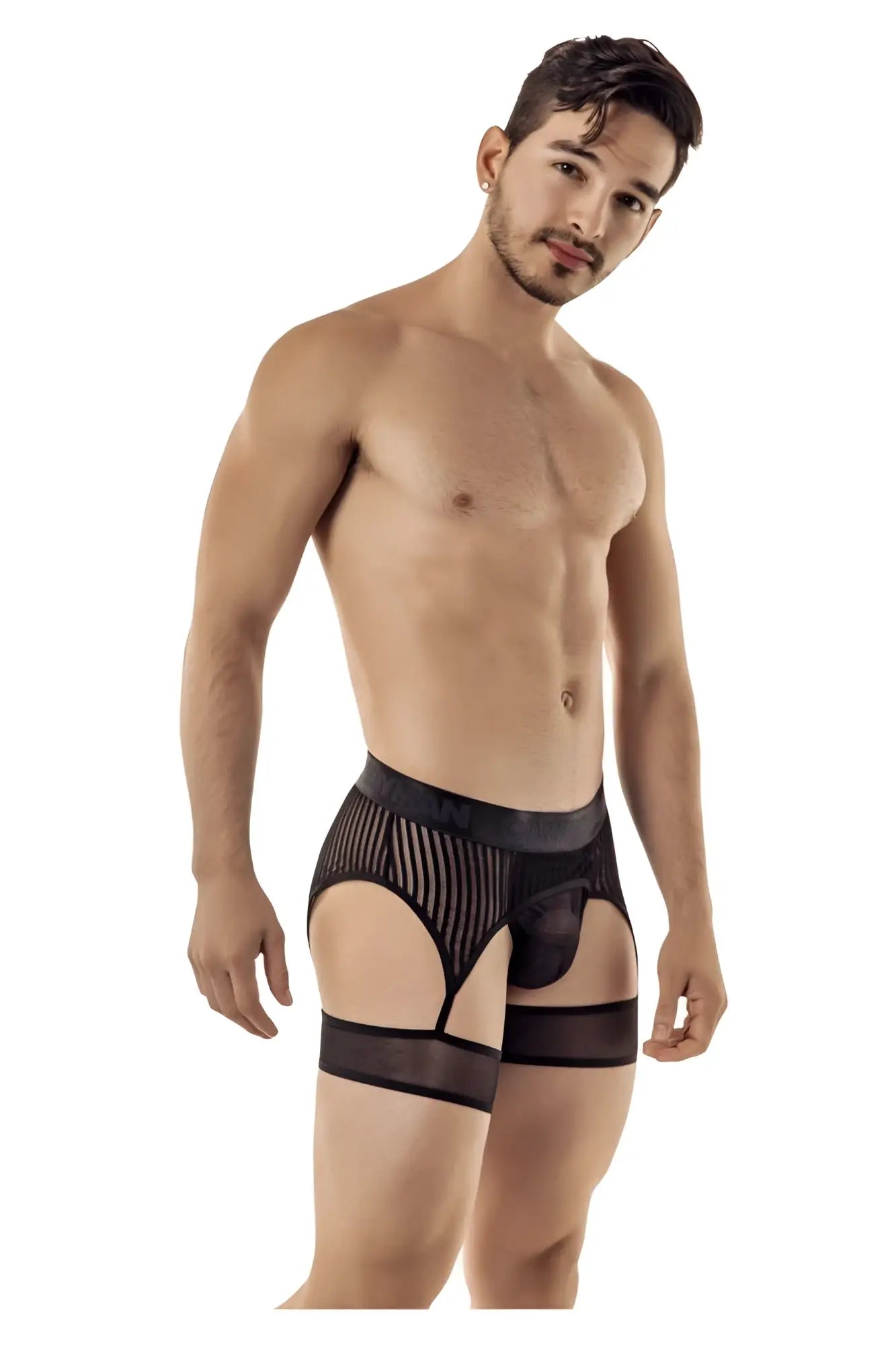 Black sheer mesh briefs with solid waistband and leg straps candy man 99403 stripes garterbelt thong black